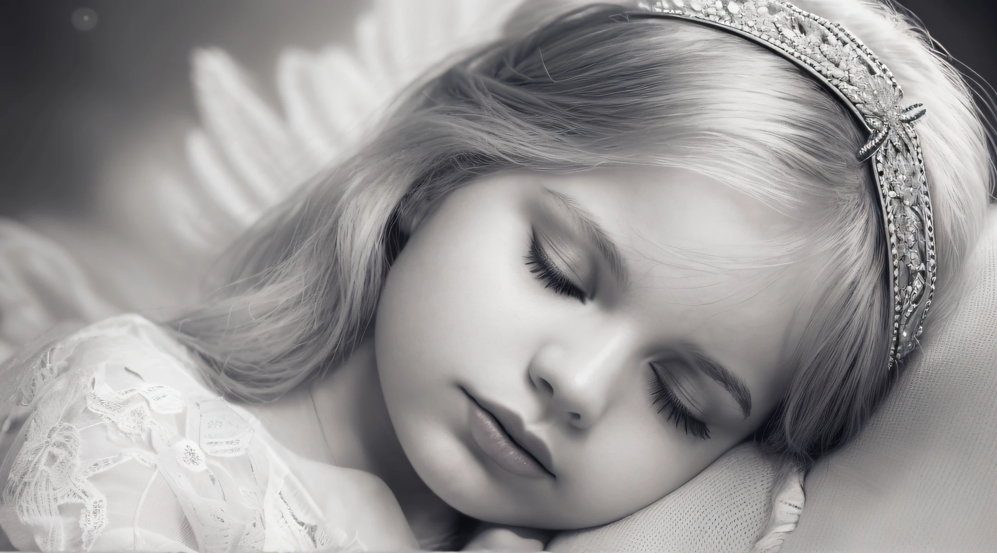 mENINA BLONDE CHILD with a headband and closed eyes, sleepy fashion model face, dreaming face, peaceful face, beautiful languid princess, peaceful expression, taylor swift as a celestial angel, black and white portrait, p&m photo, sleeping princess!!!, sleepy, head resting on hands, with eyes closed, black and white portrait, solemn expression