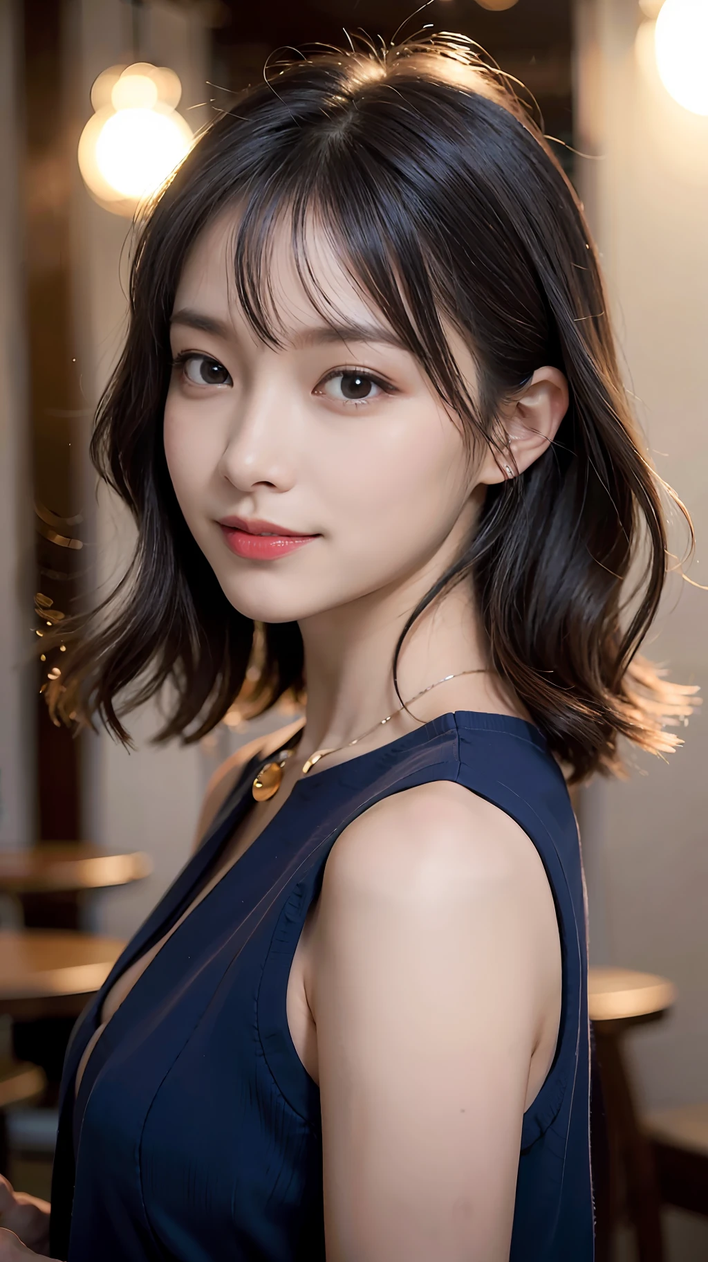 (((Medium hair))), Top Quality, 8K, HDR, Hi-Res, Absurdity: 1.2, Photography, (RAW Photos: 1.2), (Photorealistic: 1.4), (Masterpiece: 1.3), (Complex Details: 1.2), 1 Girl, Solo, Japan girls, Delicate and beautiful details, (Detailed eyes), (Detailed facial features), Petite, (Small breasts))), Toned Skin, ( looking_at_viewer), from_front, (Skinny), (Best Quality: 1.4), (Ultra High Definition: 1.2), Cinemalite, (Extreme Detail Illustration), (Lip Gloss, Best Quality, Ultra High Resolution, Depth of Field, Caustics, Broad Lighting, Natural Shading, 85mm, f / 1.4, ISO 200, 1/160 sec: 0.75), 1 girl, solo, ((blue vest))) smile, uniform, necklace, fashionable café: 1.3, black neat and clean clothes, Nogizaka idol, gravure idol, beauty