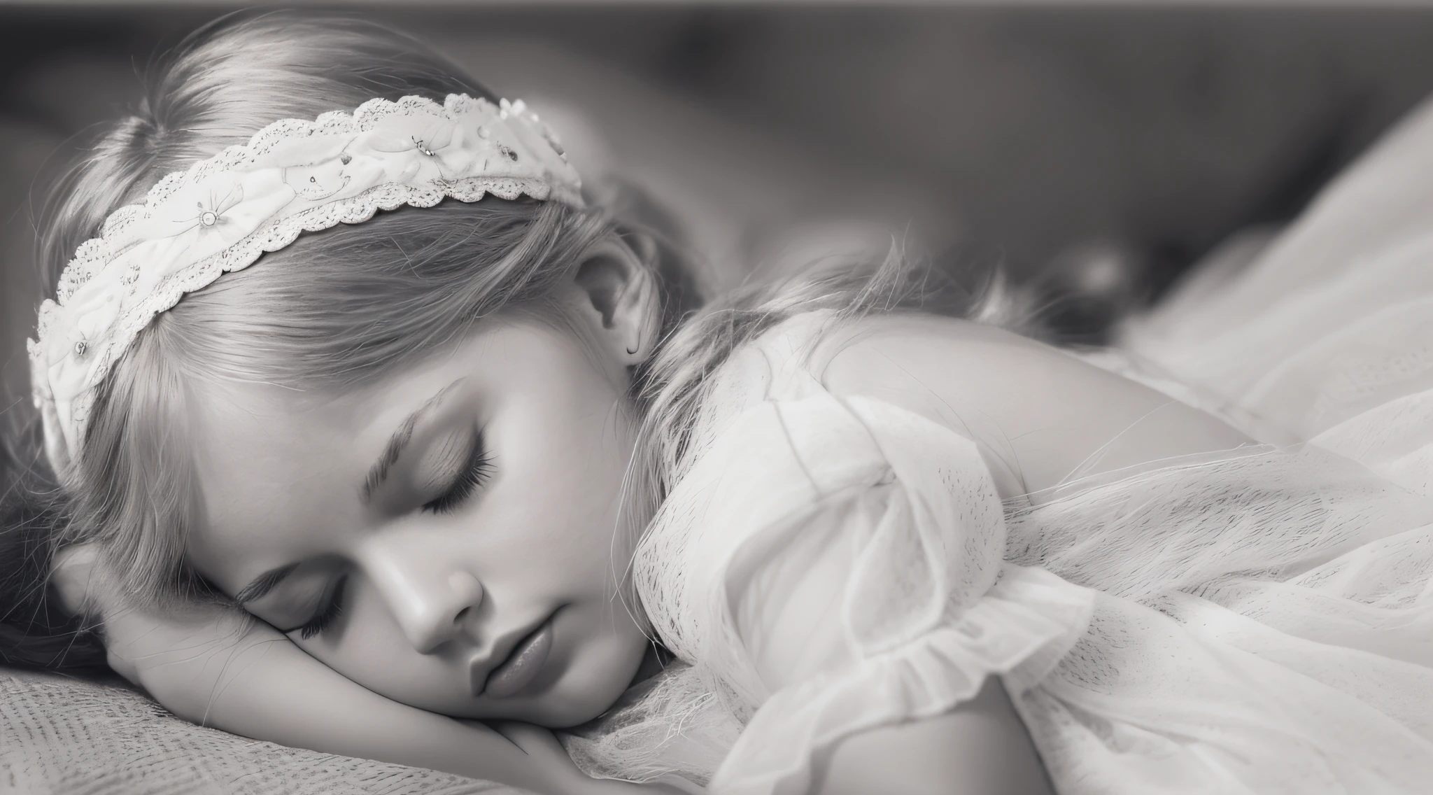 mENINA BLONDE CHILD with a headband and closed eyes, sleepy fashion model face, dreaming face, peaceful face, beautiful languid princess, peaceful expression, taylor swift as a celestial angel, black and white portrait, p&m photo, sleeping princess!!!, sleepy, head resting on hands, with eyes closed, black and white portrait, solemn expression