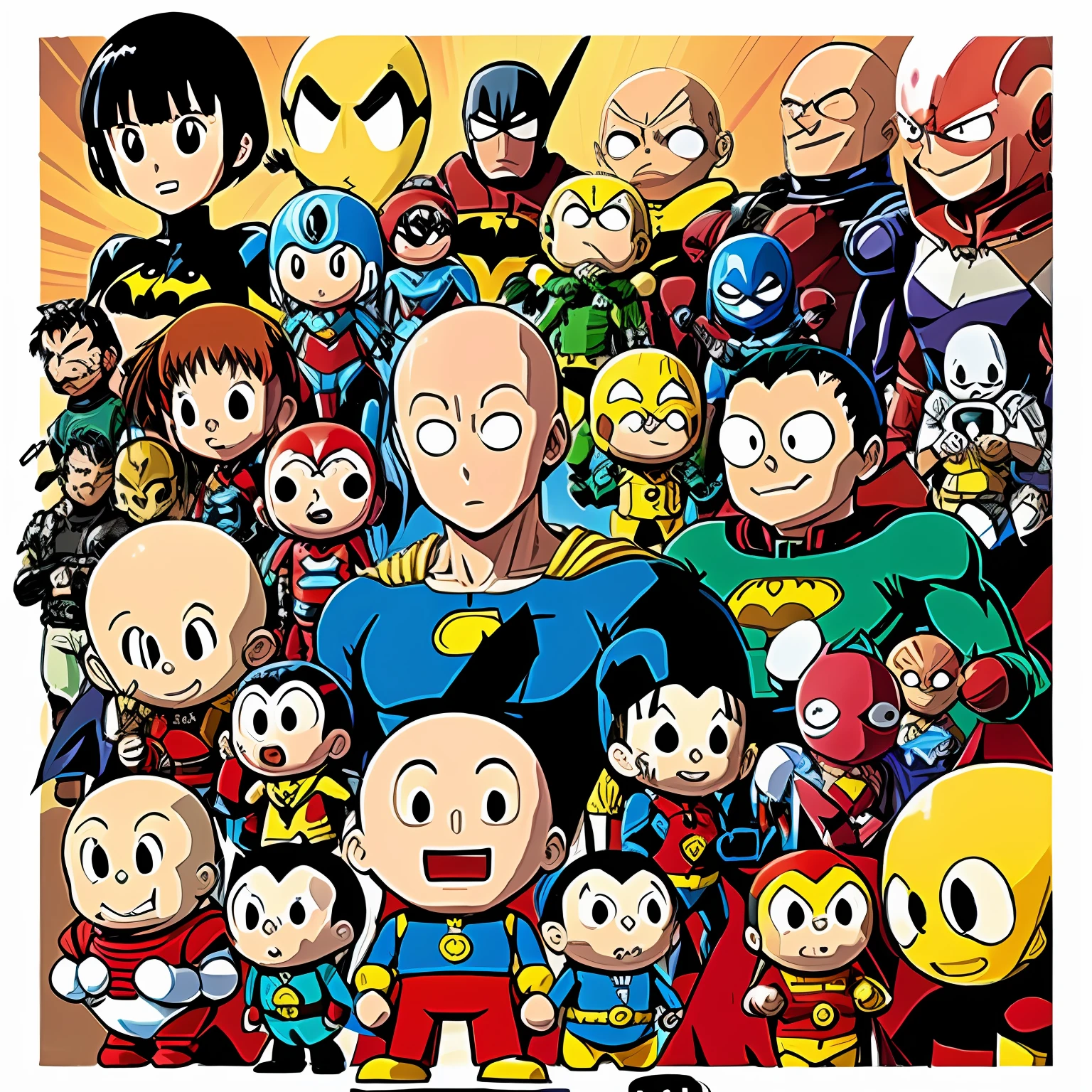 one punch man、Anpanman、Doraemon、Perman、Kinnikuman、Obake no Qtaro、high-detail、macho、ironman、superman、batman