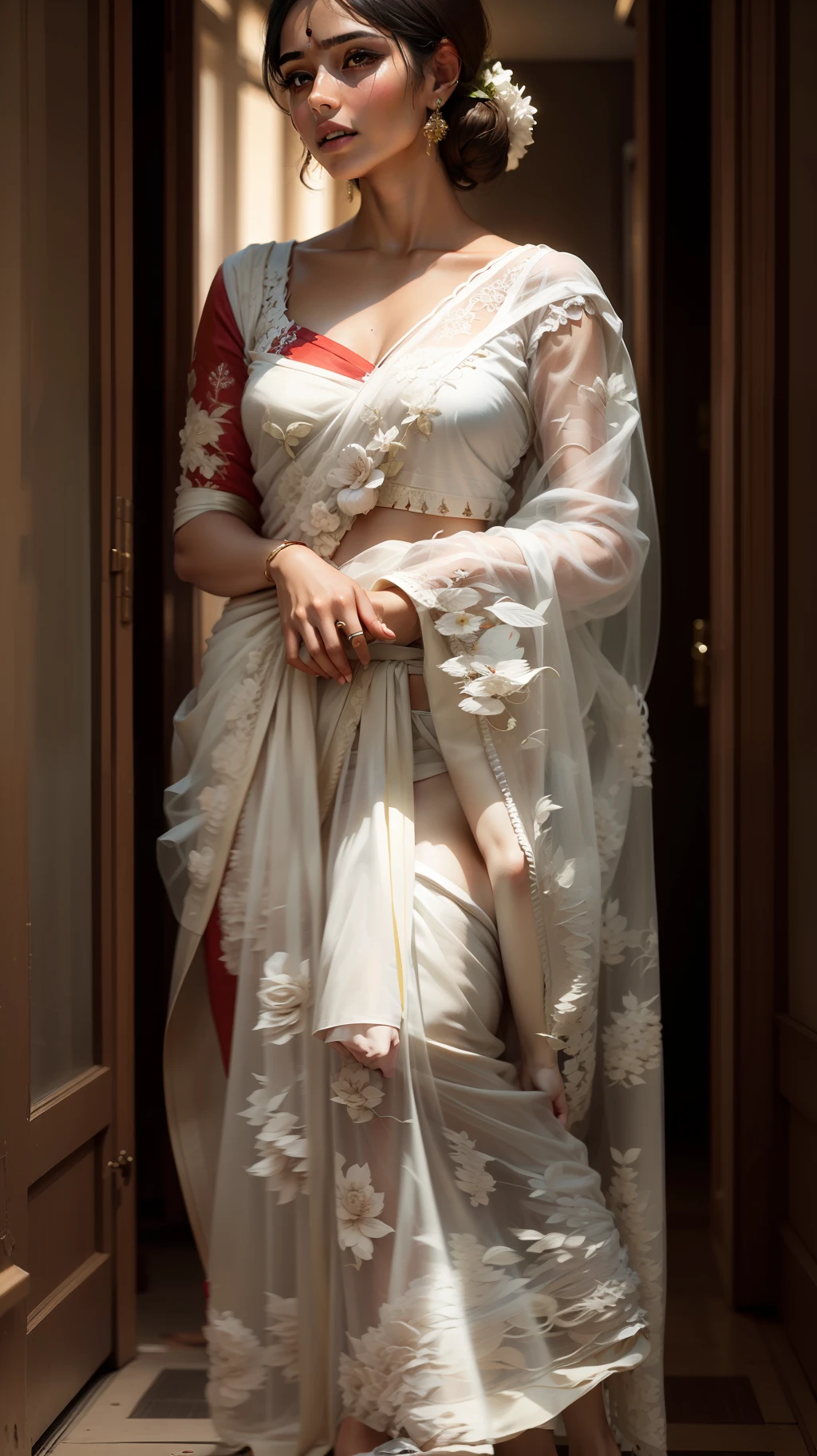 Girl standing in white saree.