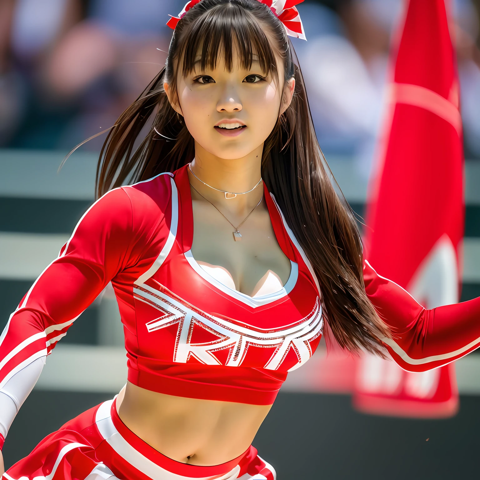 (8K, Raw photo, Best Quality, masutepiece:1.2), high-definition RAW color photography, professional photograpy, (Realistic, photographrealistic:1.37),
1 japanese girl, cheer leading,Full body,Beautiful face,Cute face,18-24 I,huge-breasted,