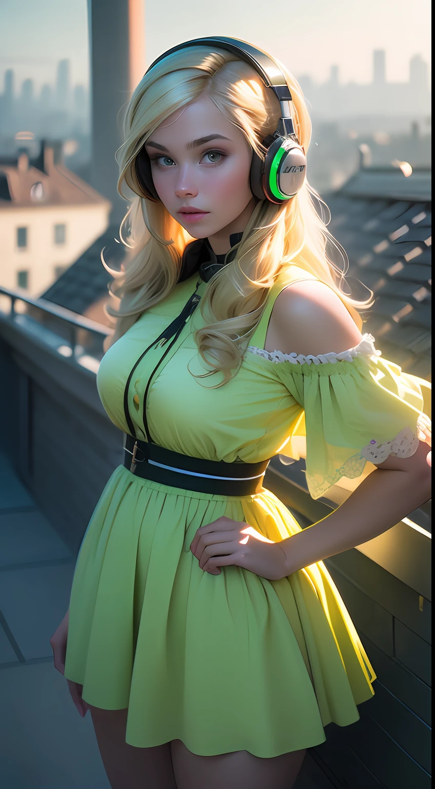 ((Best quality)), ((masterpiece)), ((realistic)) and ultra-detailed photography of a 1nerdy girl with neon headphones. She has ((blonde hair)), is wearing an green dress, and exudes a ((beautiful and aesthetic)) vibe. Full body, standing in rooftop, delicate face, ultra realistic face, beautiful face.