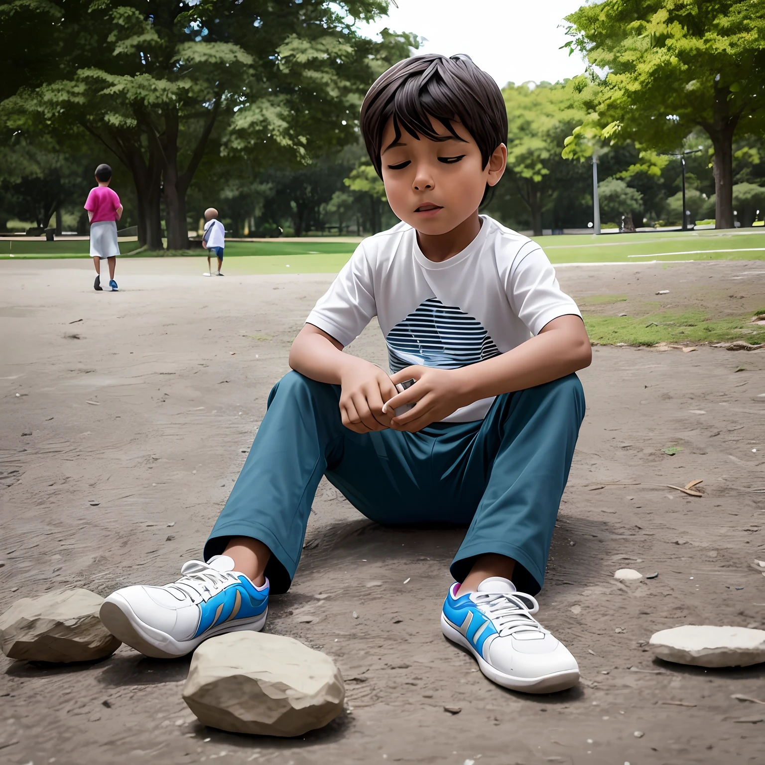 An autistic boy in a public park, imerso em seu mundo interior. The setting should capture your disconnect from the playful activities around you, children playing and running, But he is deeply involved in arranging stones by color and size. Their facial expressions reflect intense concentration, quase meditativa, and the physical details should highlight his self-absorbed posture and the meticulous repetitive pattern of his behavior --auto