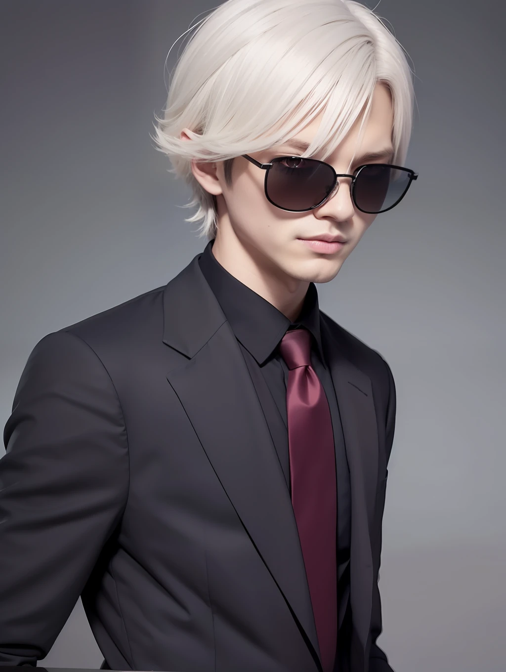 （2D）Anime character drawing，A boy with，Black sunglasses，Sharp eyes under sunglasses，Medium-long gray hair，Black suit burgundy tie，Decent appearance，Spooky smile，Dangerous agers，gentle，a black trench coat，White skin，2D characters，line sleek，high-definition picture quality --auto