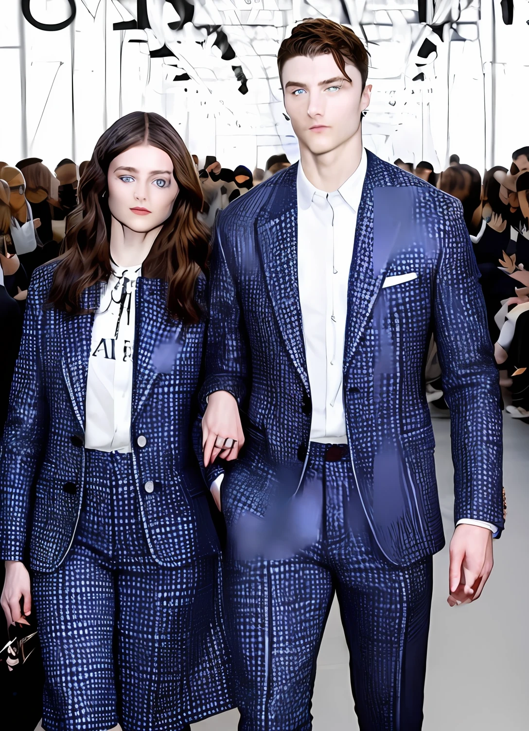 create a book cover with a couple where she has dark hair and blue eyes and he's red and tall, And they're wearing stylish clothes while she has a camera in her hand because she's a photographer and the background is a runway that harks back to the fashion world.