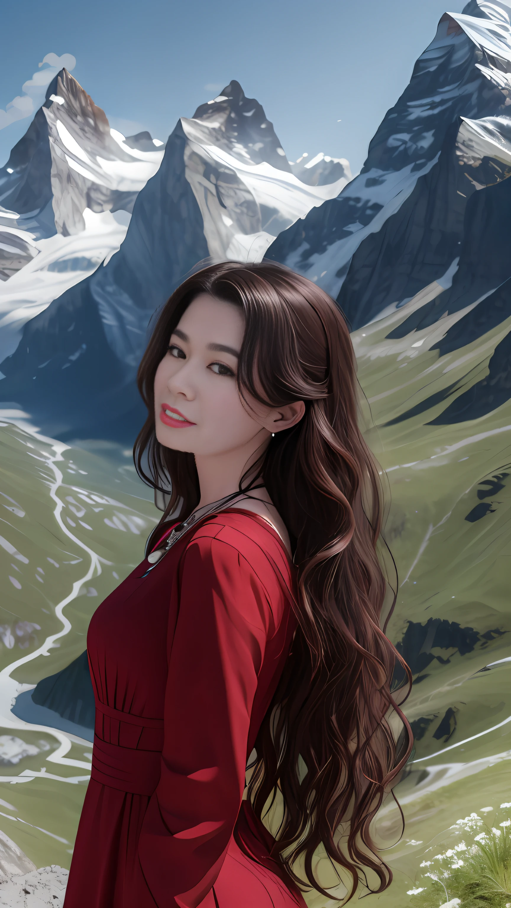 masterpiece,ultra realistic,32k,extremely detailed CG unity 8k wallpaper, best quality,
The Swiss Alps, Switzerland, ( Dark red A-line dress ) ,((spring day )), Beachy waves with a side part ,eardrop,lady ,necklace,