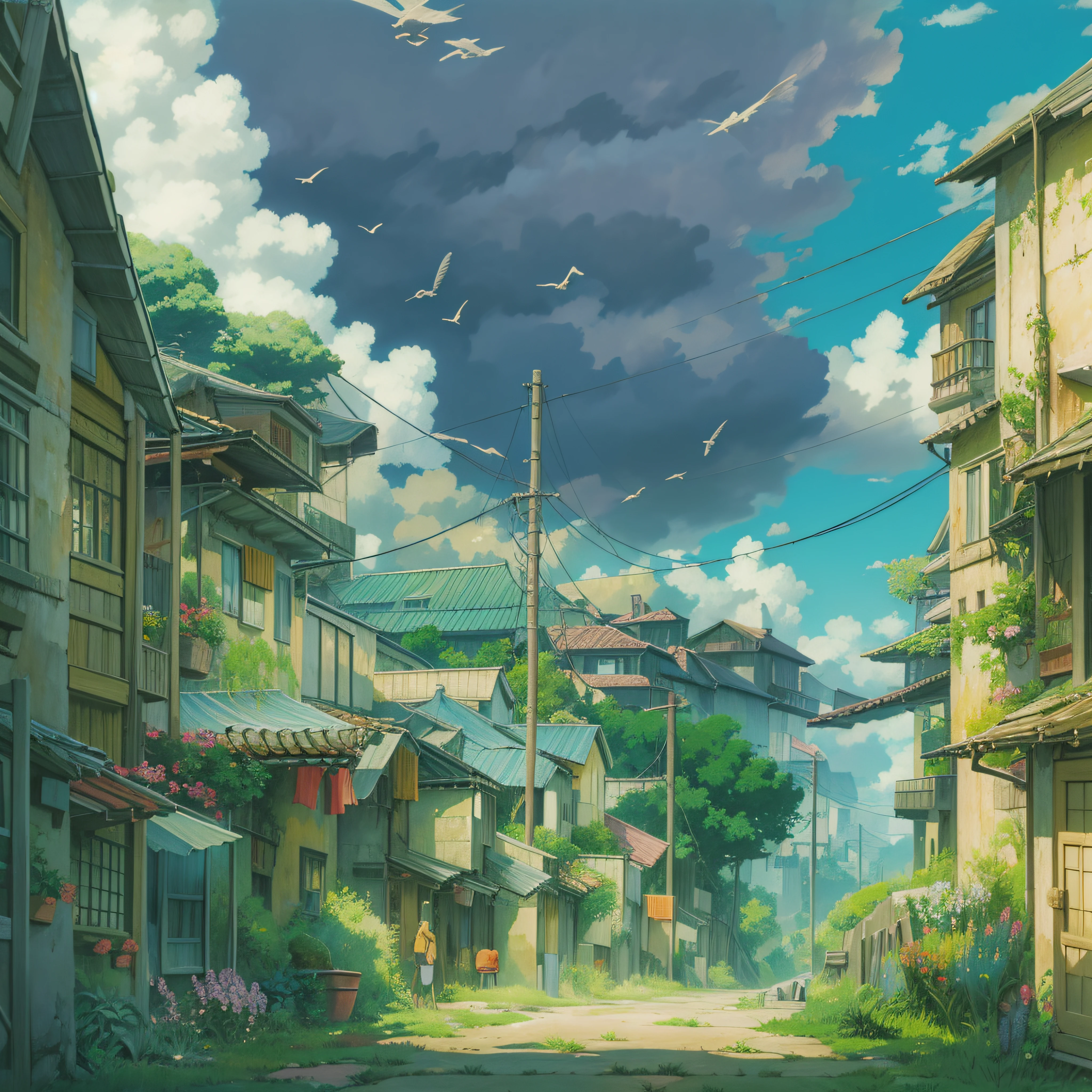 animesque、Skyscape with clouds、Landscape without buildings、You can see the touch of the brush、Studio Ghibli、Ghibli、After it rains、the ground is wet、Scenery、Style、Golden Time、sky line、