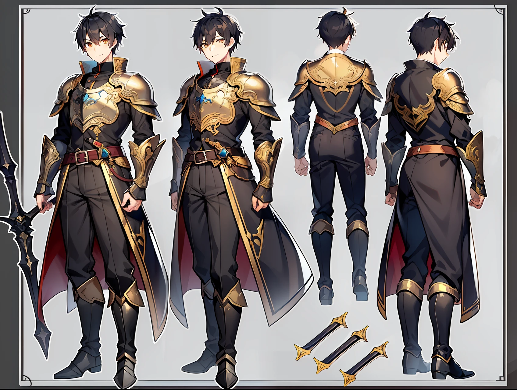 1 boy, young man, orange eyes, short hair, black hair, white skin, slight smile, warm look. Black suit, armor parts, rpg sprite, rpg expression sheet