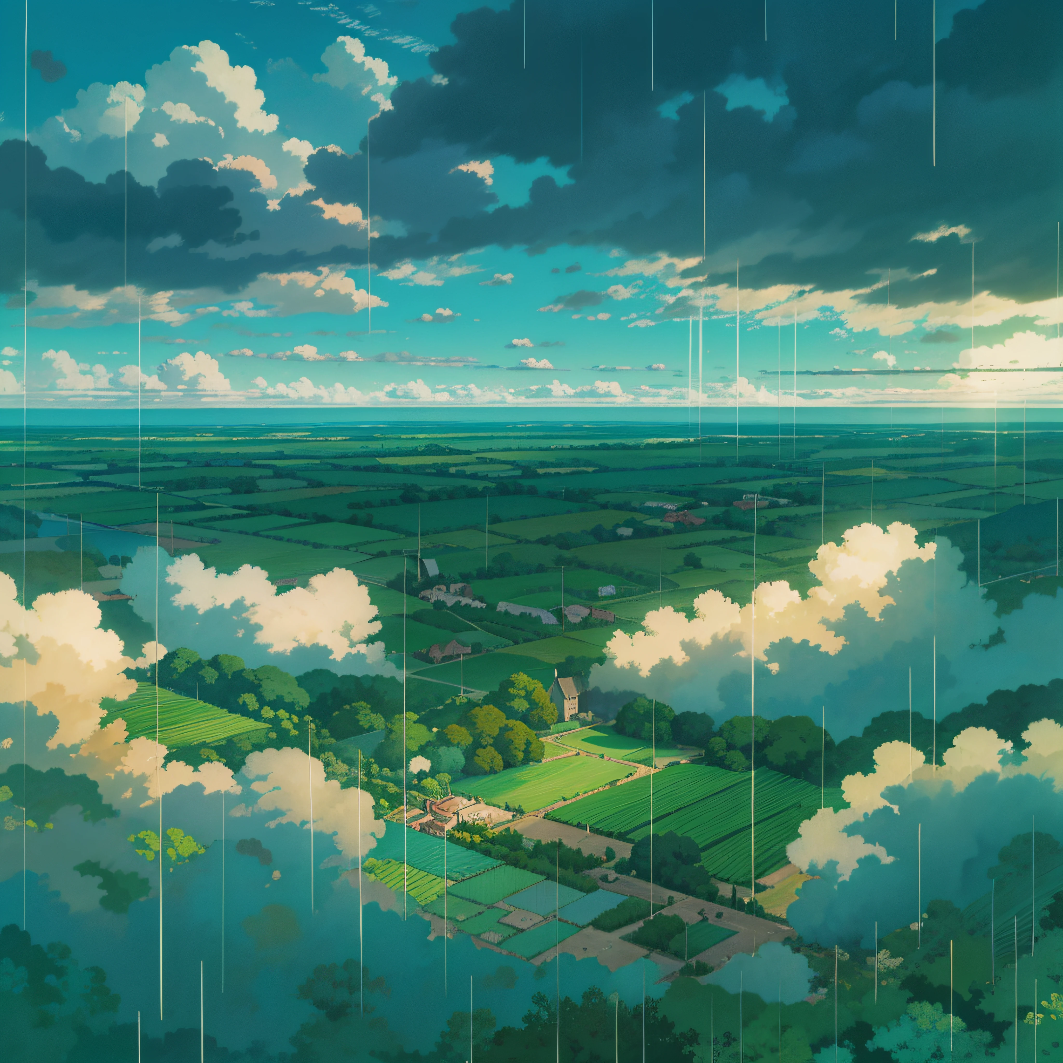 animesque、Skyscape with clouds、Landscape without buildings、You can see the touch of the brush、Studio Ghibli、Ghibli、After it rains、the ground is wet、Scenery、Style、Golden Time、sky line、evening