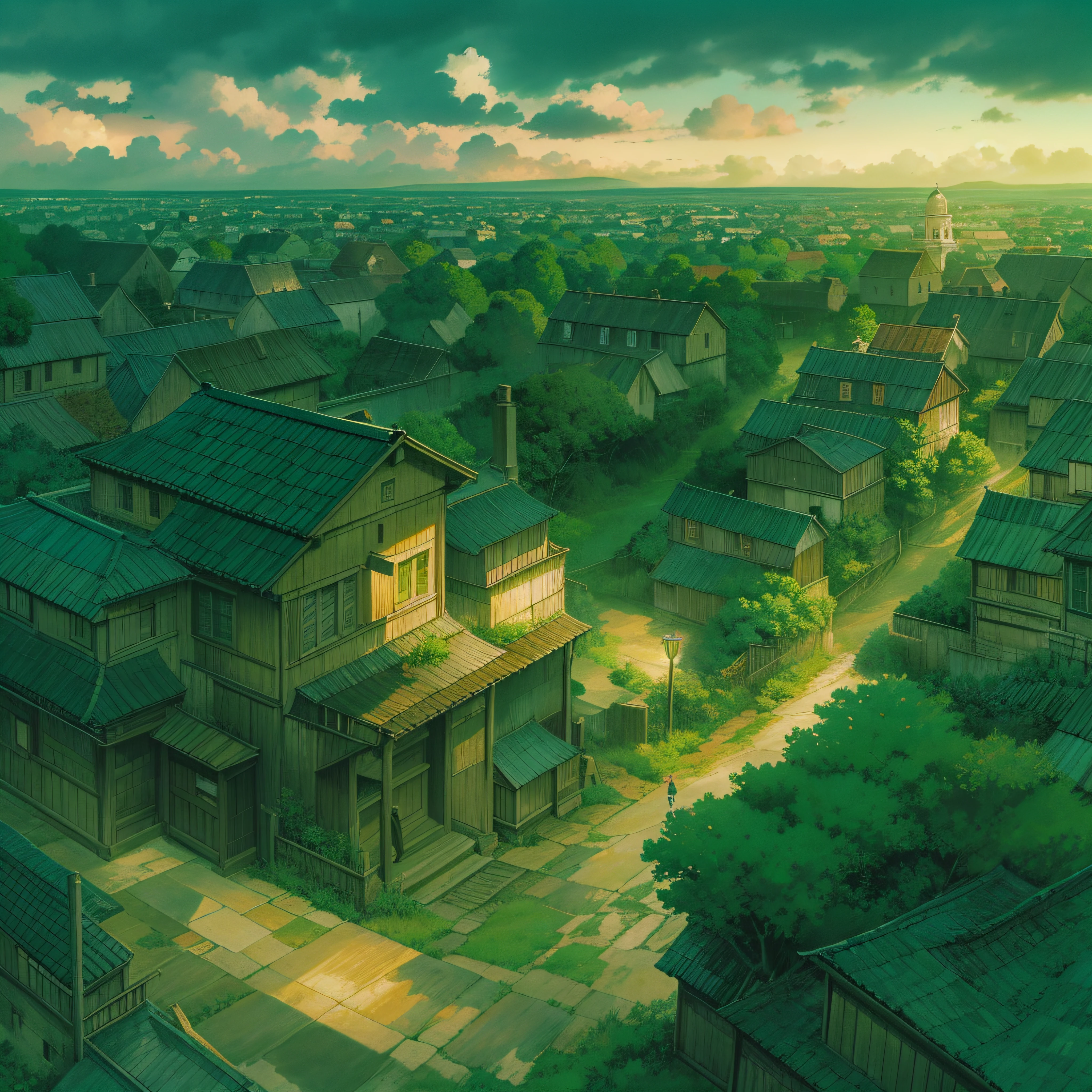 animesque、Skyscape with clouds、Landscape without buildings、You can see the touch of the brush、Studio Ghibli、Ghibli、After it rains、the ground is wet、Scenery、Style、Golden Time、sky line、evening