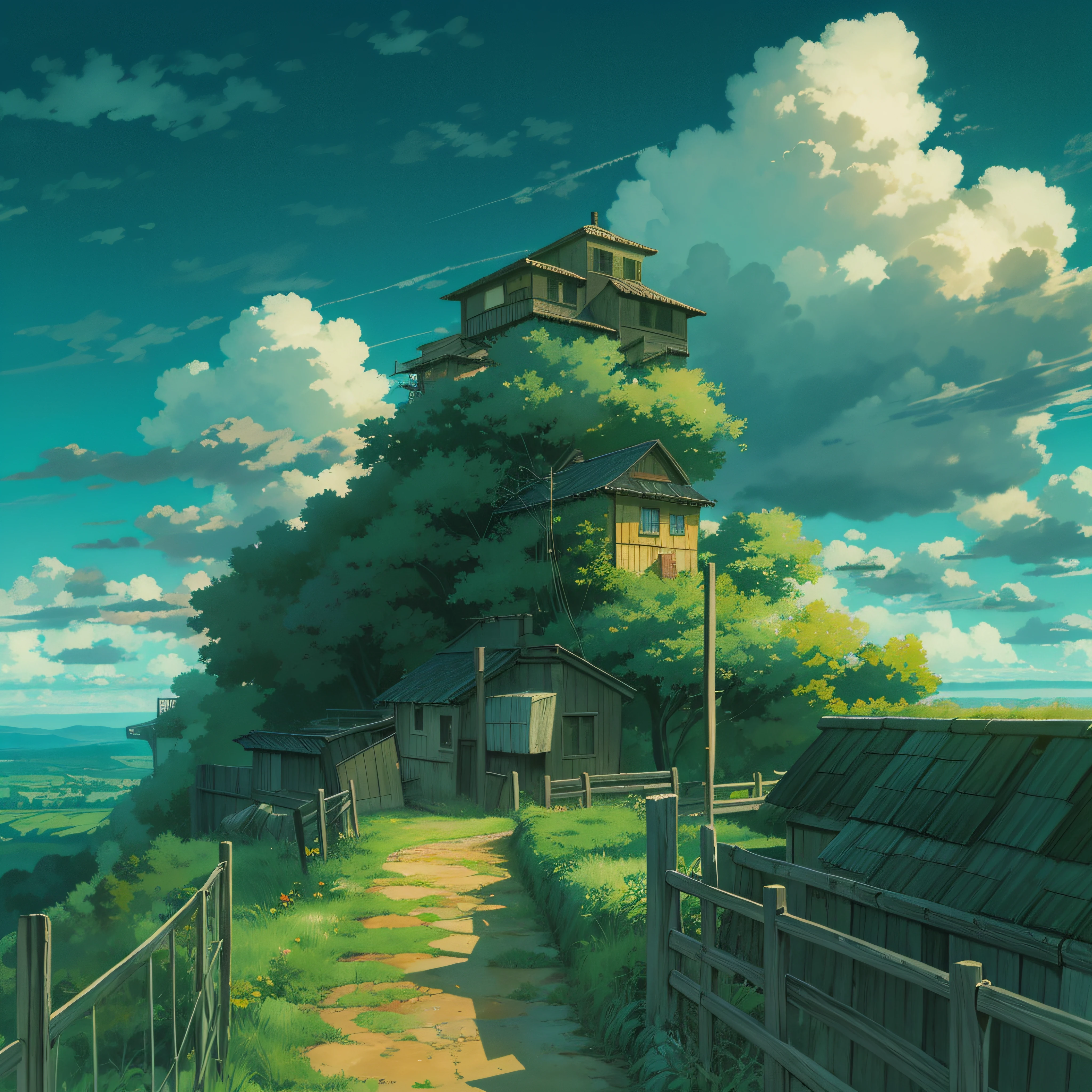 animesque、Skyscape with clouds、Landscape without buildings、You can see the touch of the brush、Studio Ghibli、Ghibli、After it rains、the ground is wet、Scenery、Style、Golden Time、sky line、evening