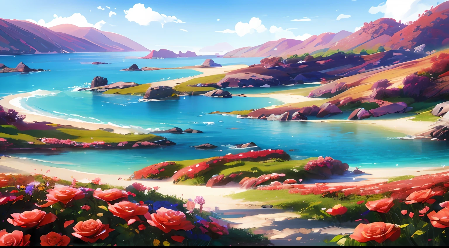 Many irregularly arranged roses grow on the beach by the water, flowers sea everywhere, flowers sea rainning everywhere, 8K resolution digital painting, 8 k resolution digital painting, red roses at the top, 8K)), Realistic art, realistic scene, breathtaking realistic, celestial red flowers vibe, beautiful digital painting, Really beautiful nature, 🌺 CGSesociety, 8K digital painting，Blue waves