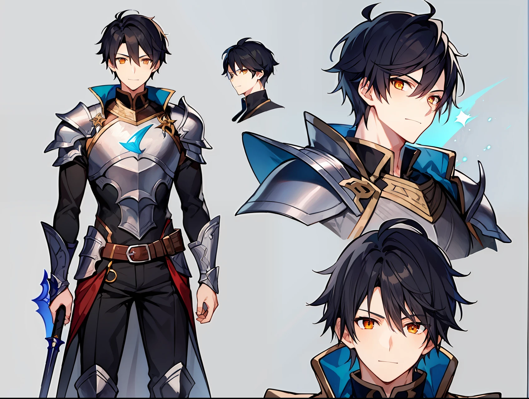 1 boy, young man, orange eyes, short hair, black hair, white skin, slight smile, warm look. Black suit, armor parts, rpg sprite, rpg expression sheet