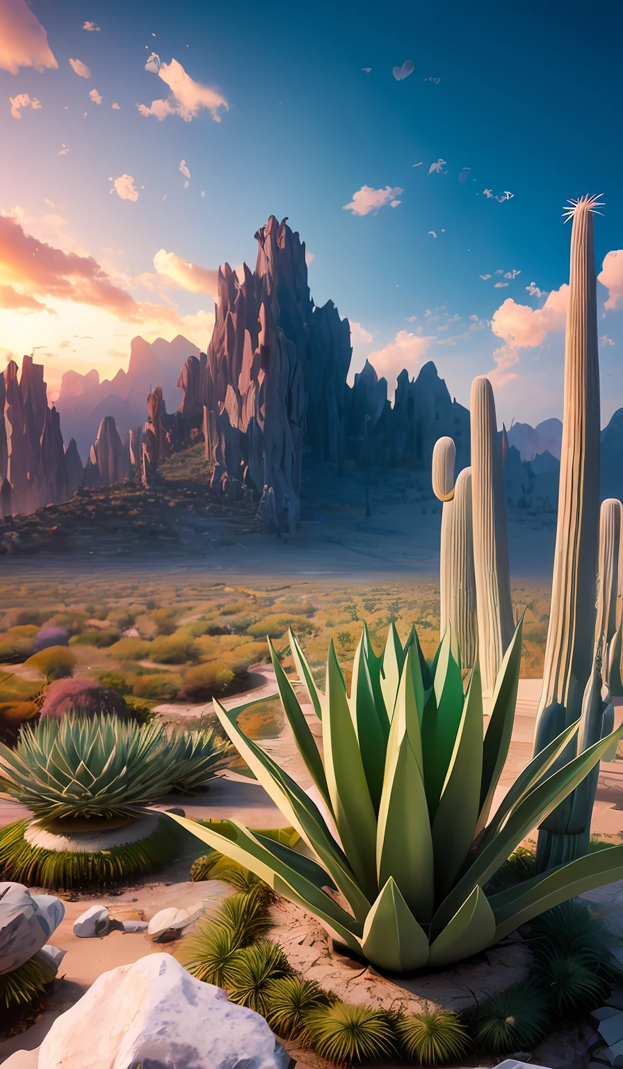 ((masterpiece)), best quality, high quality, ((extremely detailed CG unity 8k wallpaper)),(fantasy), A dry place like an empty desert, dearest, viewing on higher mountain, ((giant agave titanota)), wild plants, foxy, , Mono Lake,hackberry,3D Digital Paintings,award winning photography, Bokeh, Depth of Field, HDR, bloom, less cactus, Chromatic Aberration ,Photorealistic,extremely detailed, trending on artstation, trending on CGsociety, Intricate, High Detail, dramatic, art by midjourney,