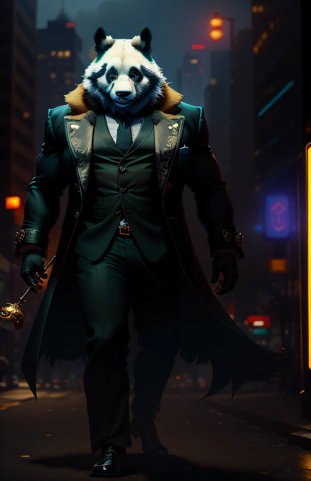 Masterpiece, (ultra detailed), (Animal anthropomorphism), Gangster theme, panda, Cute, Gabardine, Dim lights, Smoke, Shadow, Corrupted cityscape, Maximum quality, Single focus, (skimming: 1.1), Muscular man, Full body, Intricate Unreal Engine (High Detail: 1.1).