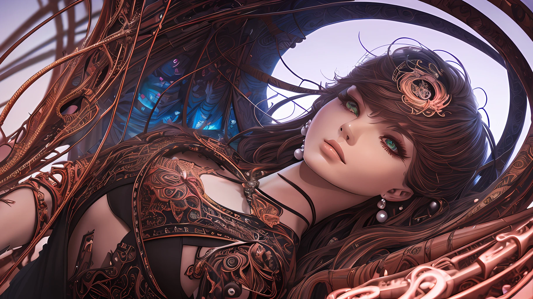 complex ultra detailed 3D rendering beautiful angel of death, biomechanical cyborg, 150mm lens, beautiful soft edge natural light, neon vein, roots, fine foliage lace, colorful details, Boris Bidjan Saberi outfit, pearl earrings, piercing, art nouveau fashion embroidery, intricate details, mesh wire, Mandelbrot fractal, facial muscles,  cables, microchip, badass, hyper-realistic, ultra-detailed, octane, rendering volumetric lighting, 8K post-production, red and white with a bit of black, detailed metallic bones, demi-human and iridescent colors, Glenn Brown style, futuristic room, god power, high-angle shot, complex body poses --auto