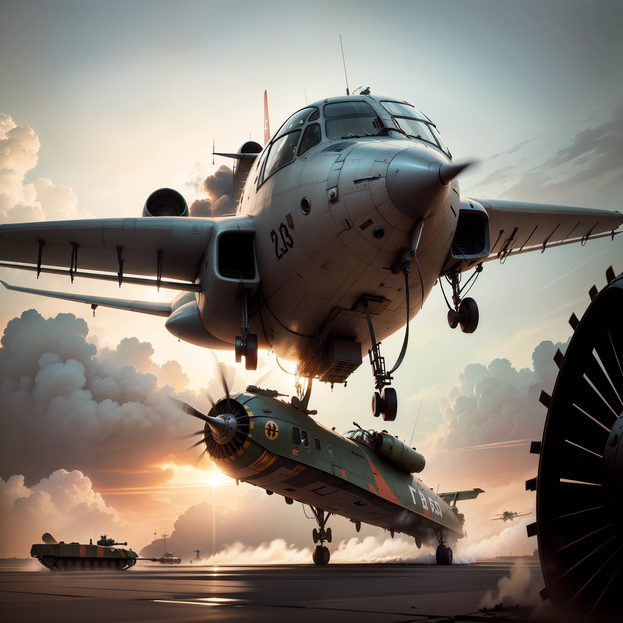 Airplane taking off with war tank on top --auto
