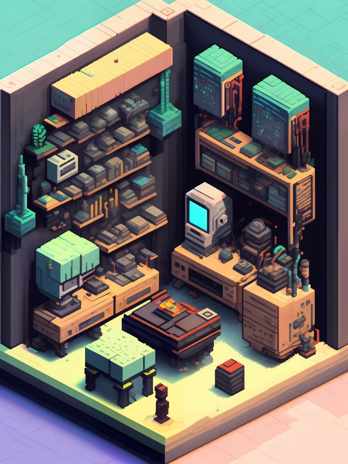 retrofuturistic room by Francois Halard in the style of isometric pixel art and pixel room generator