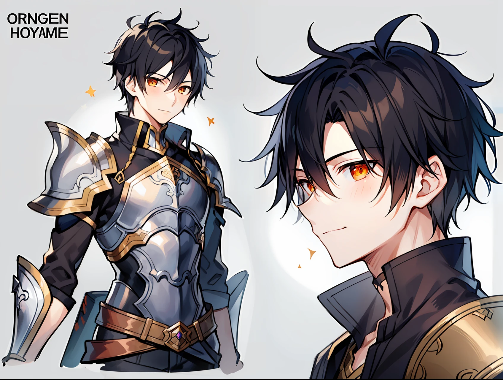 1 boy, young man, orange eyes, short hair, black hair, white skin, slight smile, warm look. Black suit, armor parts, rpg sprite, rpg expression sheet