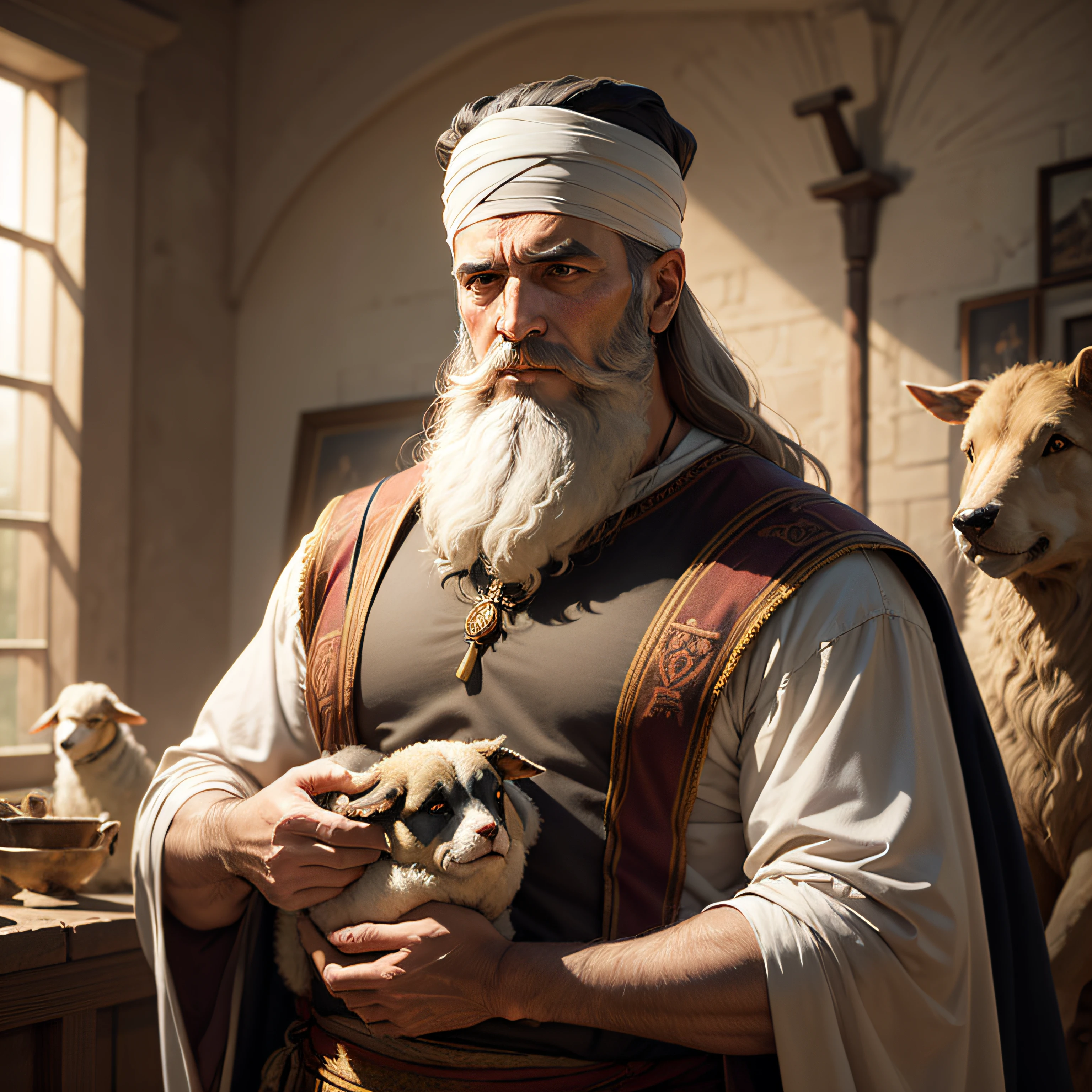 master piece, renascentist style, Moses, hebraic leader, Beard man, raising a shepherd's cajado lined with Egyptian bandages --auto