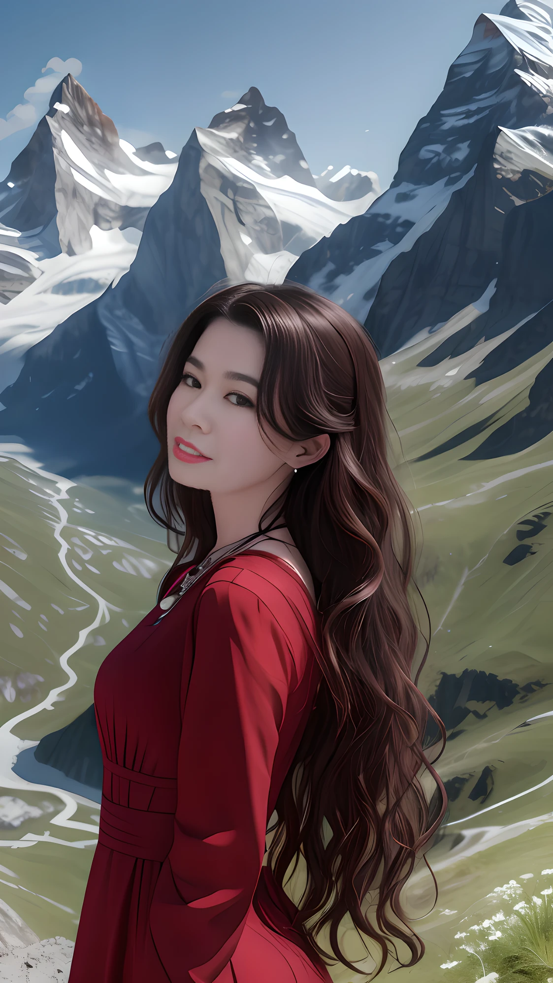 masterpiece,ultra realistic,32k,extremely detailed CG unity 8k wallpaper, best quality,
The Swiss Alps, Switzerland, ( Dark red A-line dress ) ,((spring day )), Beachy waves with a side part ,eardrop,lady ,necklace,