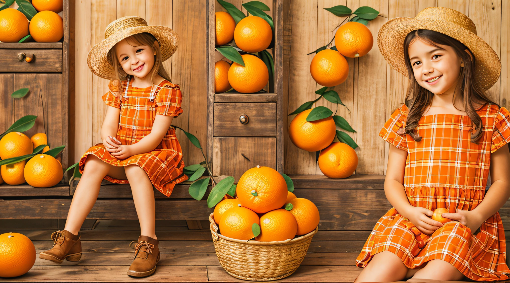 there is a young girl sitting on the floor holding a basket of oranges, wearing orange sundress, girl, cute young girl, cute girl, petite girl, by Juan O'Gorman, wearing a red plaid dress, wearing farm clothes, girl venizian, with straw hat, oranges, red dress and hat, happy girl, wearing a straw hat and overalls