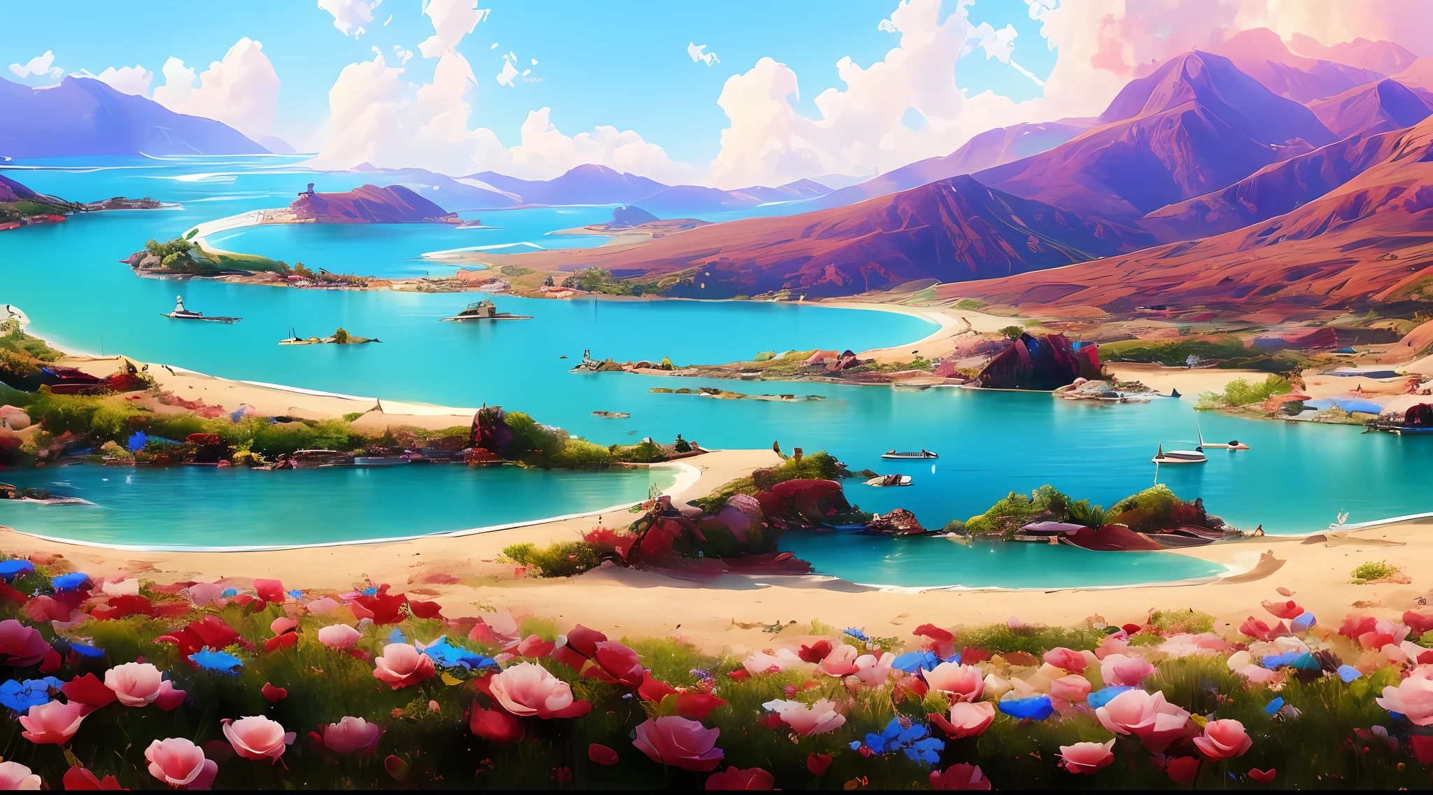 Many irregularly arranged roses grow on the beach by the water, flowers sea everywhere, flowers sea rainning everywhere, 8K resolution digital painting, 8 k resolution digital painting, red roses at the top, 8K)), Realistic art, realistic scene, breathtaking realistic, celestial red flowers vibe, beautiful digital painting, Really beautiful nature, 🌺 CGSesociety, 8K digital painting,Blue waves