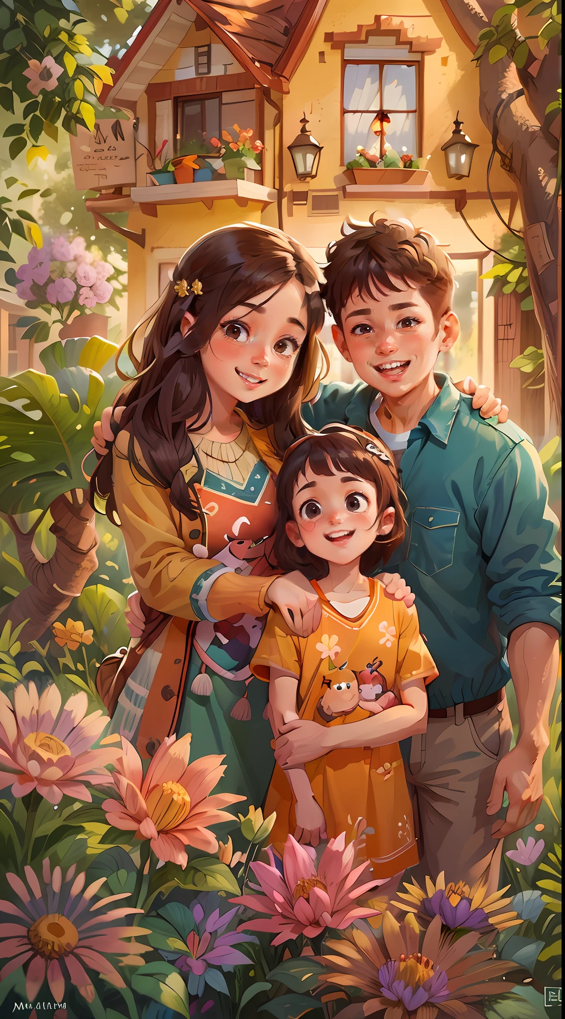 UHD,(High definition resolution:1.2),Skin luster,(Best quality:1.1),(masterpiece),(best quality),smile,(beautiful detailed face),(beautiful detailed eyes),8K. A family of two parents, a boy, and a girl, standing closely together, embracing each other, with bright and radiant smiles on their faces, behind them is a spacious and cozy house, surrounded by beautiful flowers and trees, in vibrant and lively colors, captured in 8K, HD.