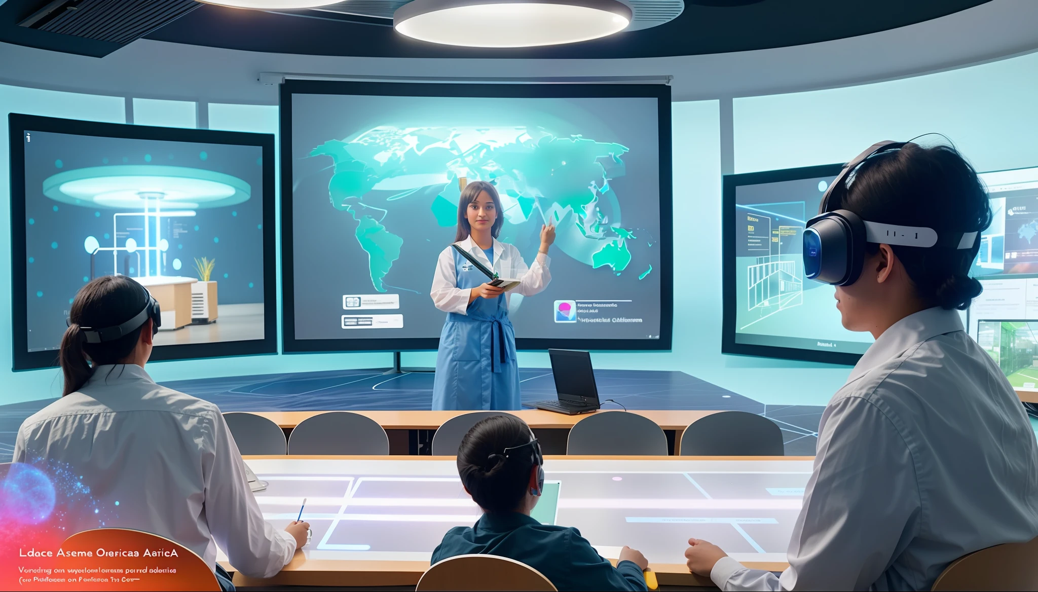 Imagine uma cena de estudantes participando de uma aula virtual em um ambiente educacional futurista. They're in a virtual classroom, onde podem interagir com hologramas de professores e colegas, participate in discussions and even experience lab experiments in simulated environments.