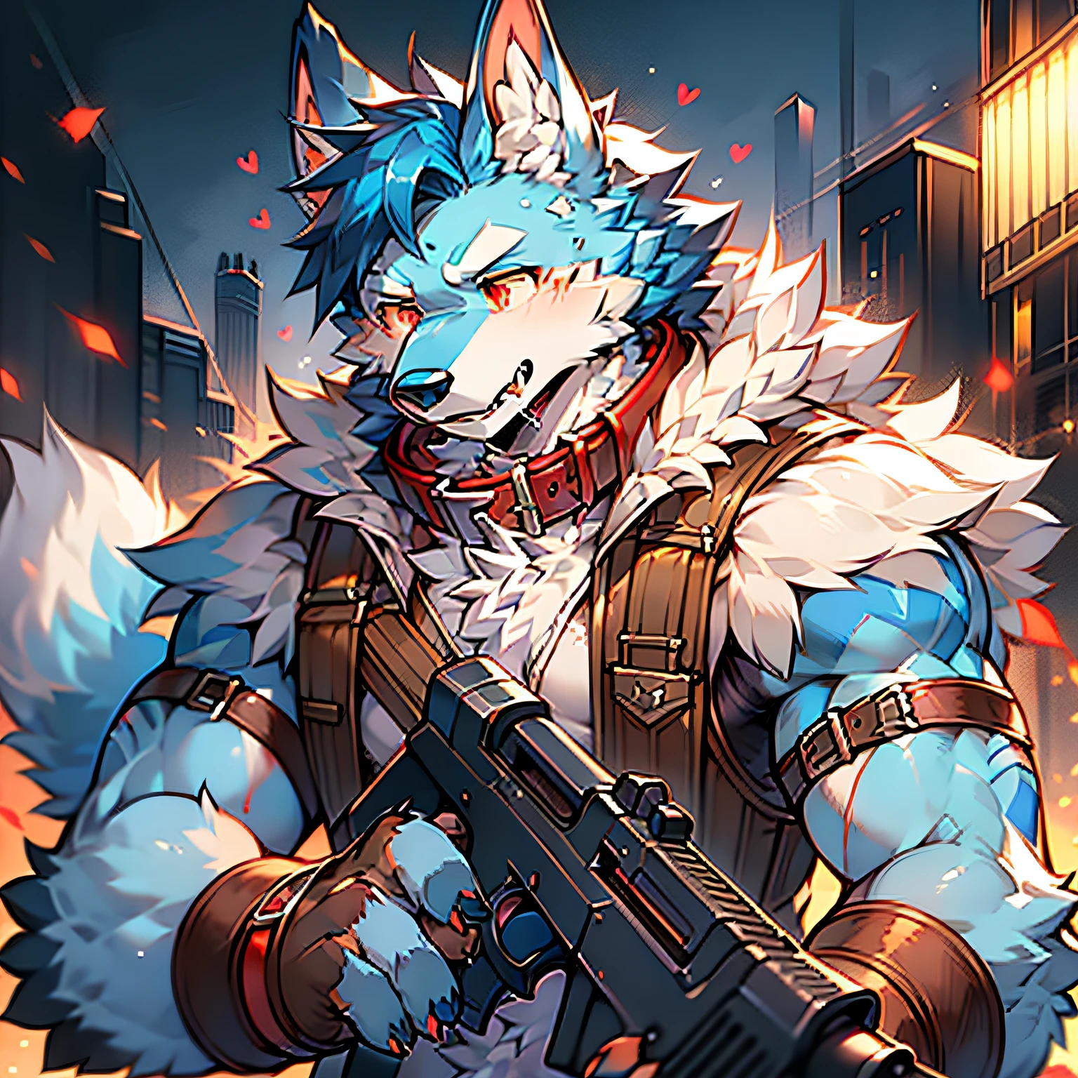 solo person，furry，werecreature，Male white wolf，Blue fur，Blue tail，White ears，Blood-red eyes，Red collar，musculature，male people，Raised sexy，（The furry feeling of animal ears），With a firearm，commando，rifles