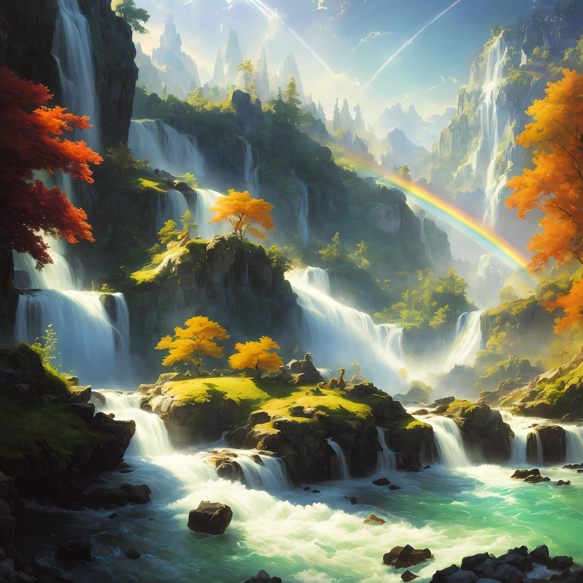 analog style,ChromaV5,nvinkpunk,(extremely detailed CG unity 8k wallpaper),A Illustration of a bright and majestic waterfall cascading down a rocky cliff, illuminated by the shining sun, The water sparkles as it falls, casting a rainbow of colors, the surrounding landscape is lush and verdant, with tall trees and wildflowers,award winning photography, Chromatic Aberration; Geometric Shapes; Bokeh, Depth of Field, Photorealistic, Detailed, Bloom, HDR , oil painting by John Singer Sargent, Frederic Church, and Thomas Moran,trending on ArtStation, trending on CGSociety, art by midjourney