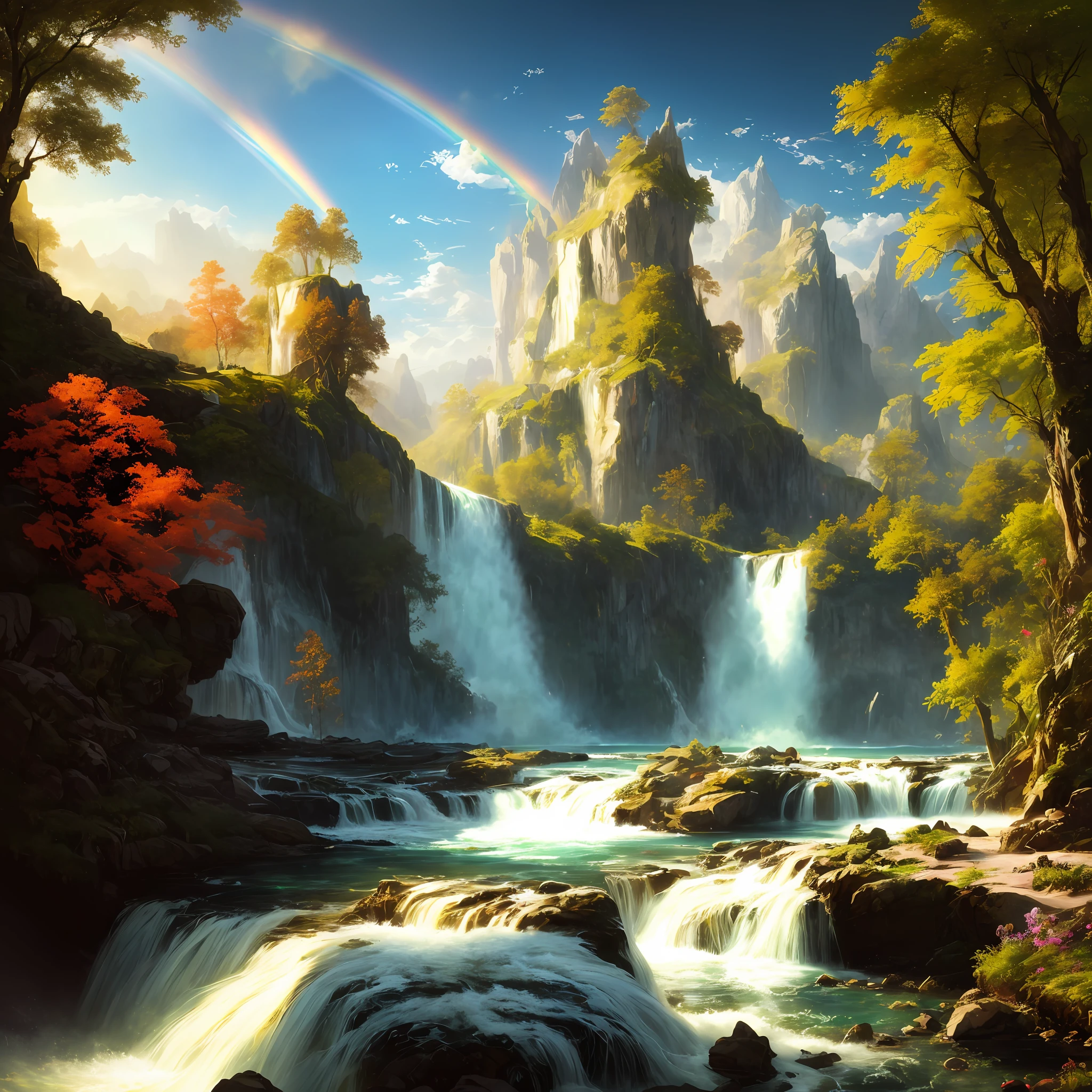 analog style,ChromaV5,nvinkpunk,(extremely detailed CG unity 8k wallpaper),A Illustration of a bright and majestic waterfall cascading down a rocky cliff, illuminated by the shining sun, The water sparkles as it falls, casting a rainbow of colors, the surrounding landscape is lush and verdant, with tall trees and wildflowers,award winning photography, Chromatic Aberration; Geometric Shapes; Bokeh, Depth of Field, Photorealistic, Detailed, Bloom, HDR , oil painting by John Singer Sargent, Frederic Church, and Thomas Moran,trending on ArtStation, trending on CGSociety, art by midjourney
