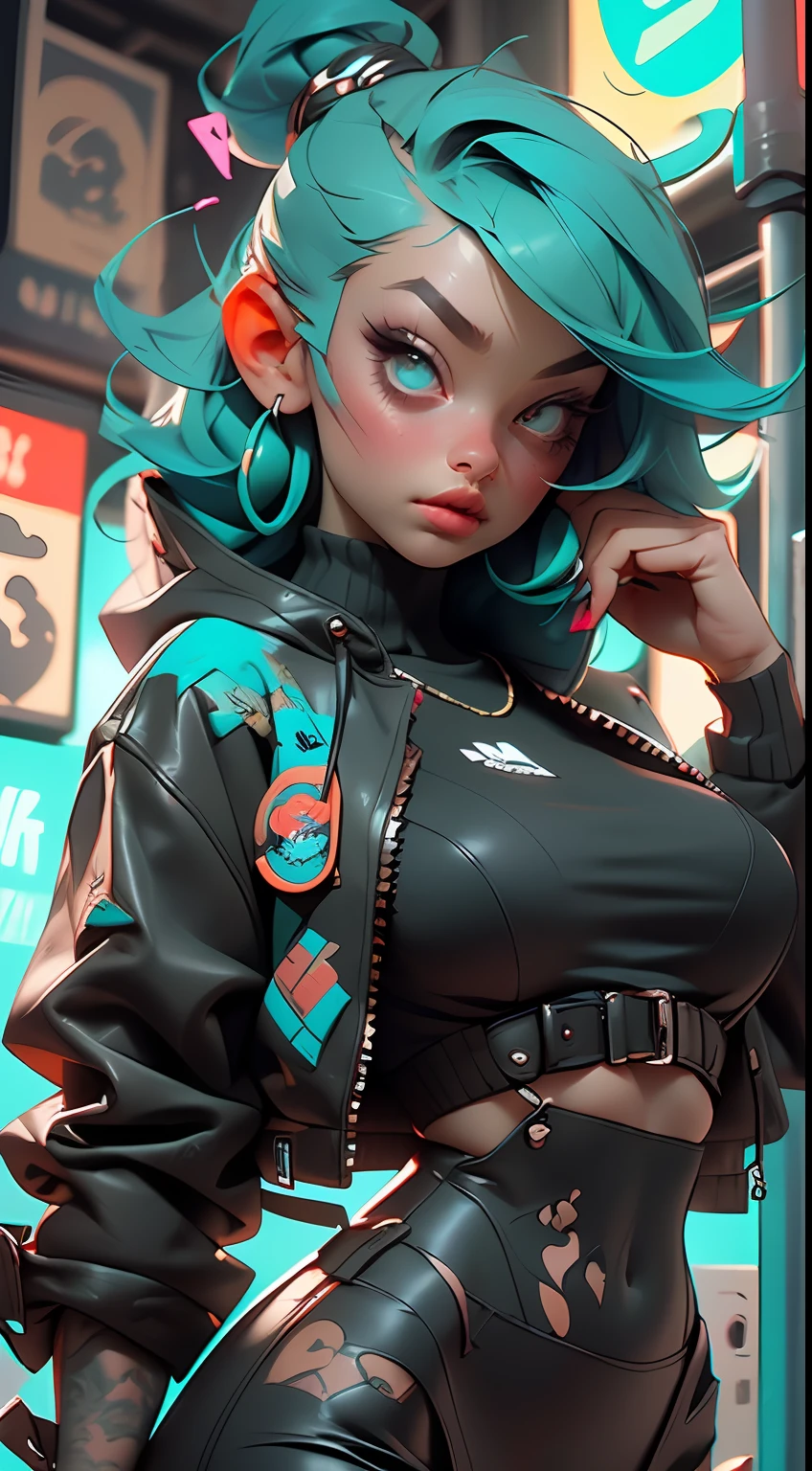 ((Best Quality)), ((Masterpiece)), ((Realistic)) and ultra-detailed photography of a 1nerdy girl with goth and neon colors. She has ((turquoise hair)), wears a techwear jacket and exudes a vibe ((beautiful and aesthetic)), sexy, underboobs, hot
