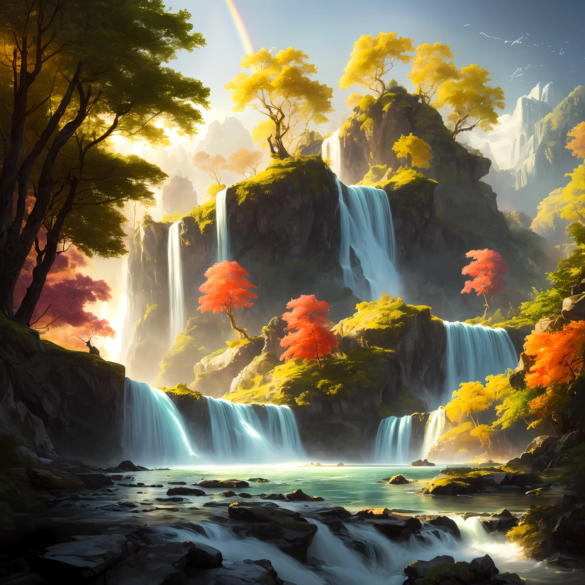 analog style,ChromaV5,nvinkpunk,(extremely detailed CG unity 8k wallpaper),A Illustration of a bright and majestic waterfall cascading down a rocky cliff, illuminated by the shining sun, The water sparkles as it falls, casting a rainbow of colors, the surrounding landscape is lush and verdant, with tall trees and wildflowers,award winning photography, Chromatic Aberration; Geometric Shapes; Bokeh, Depth of Field, Photorealistic, Detailed, Bloom, HDR , oil painting by John Singer Sargent, Frederic Church, and Thomas Moran,trending on ArtStation, trending on CGSociety, art by midjourney