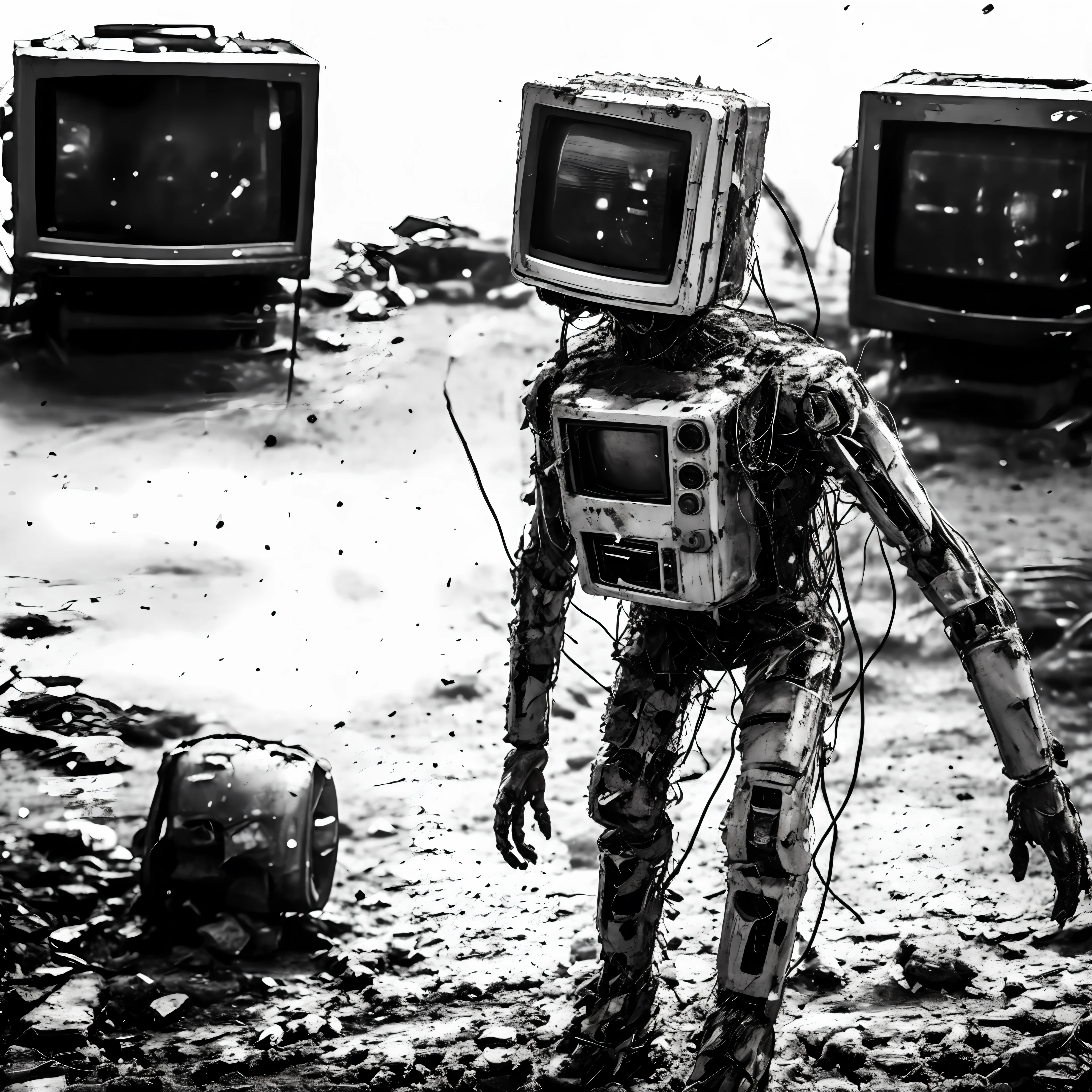 masterpiece, best quality, intricated detail, monochrome, greyscale,
b1libili, tv head, solo, skinny, fullbody, walking, cable, damaged, blurry, no humans, blurry background, robot, mecha, science fiction, realistic, damaged