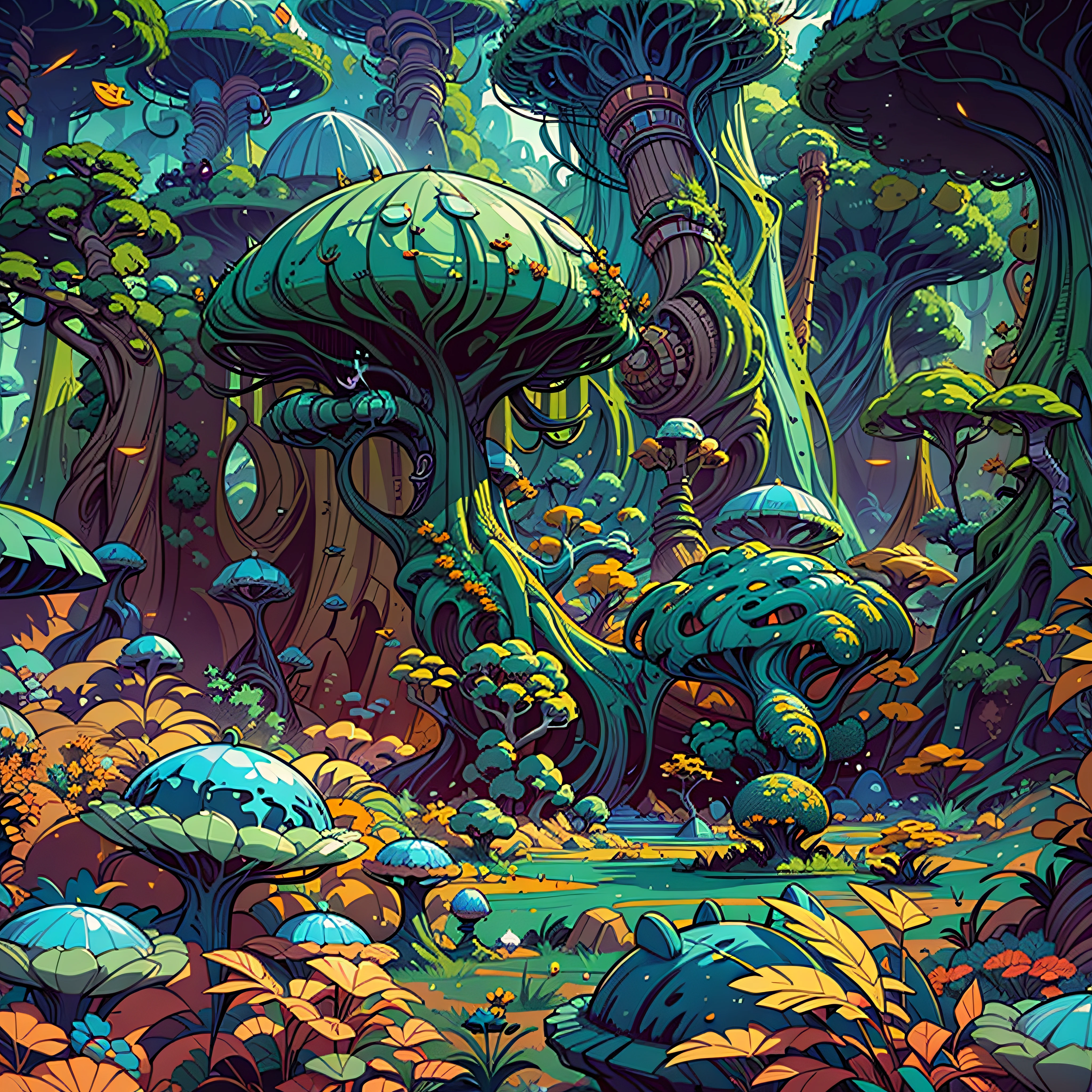 cartoon scene of a fantasy alien forest with a strange looking tree, surreal alien kingdom, alien landscape, background artwork, lush alien landscape, colorful alien flora, stylized game art, alien plants, alien environment, 3 d render stylized, an alien landscape, alien flora, stylized concept art, on a lush fertile alien planet, 3 d epic illustrations