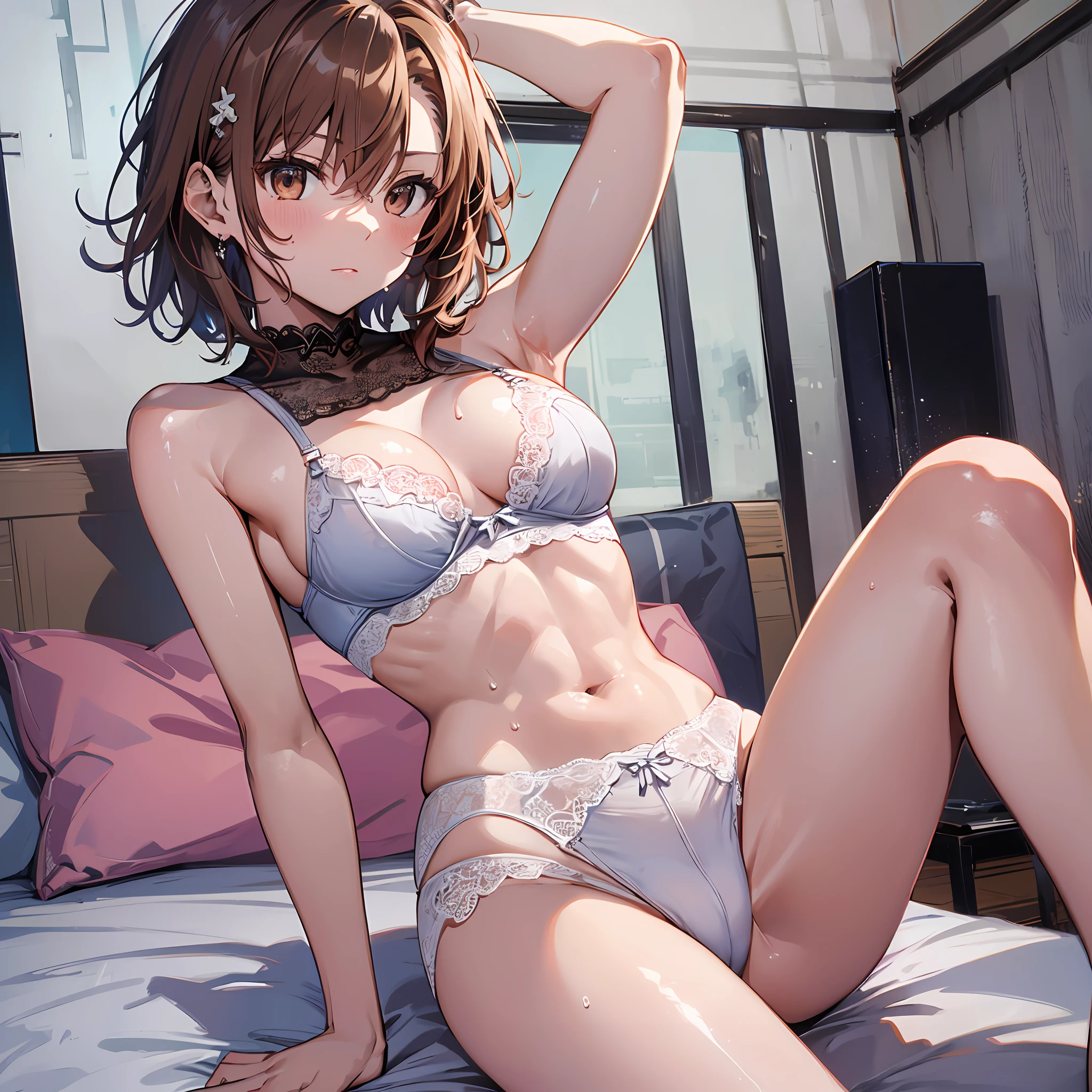 4kqulity, top-quality, Misaka_mikoto, Brown-eyed, Short_hair, Small_Breast,)on the beds Pink lingerie 16age sexypose Bewitching Mass sweat soaked body Miwaki beauty legs Beautiful abs