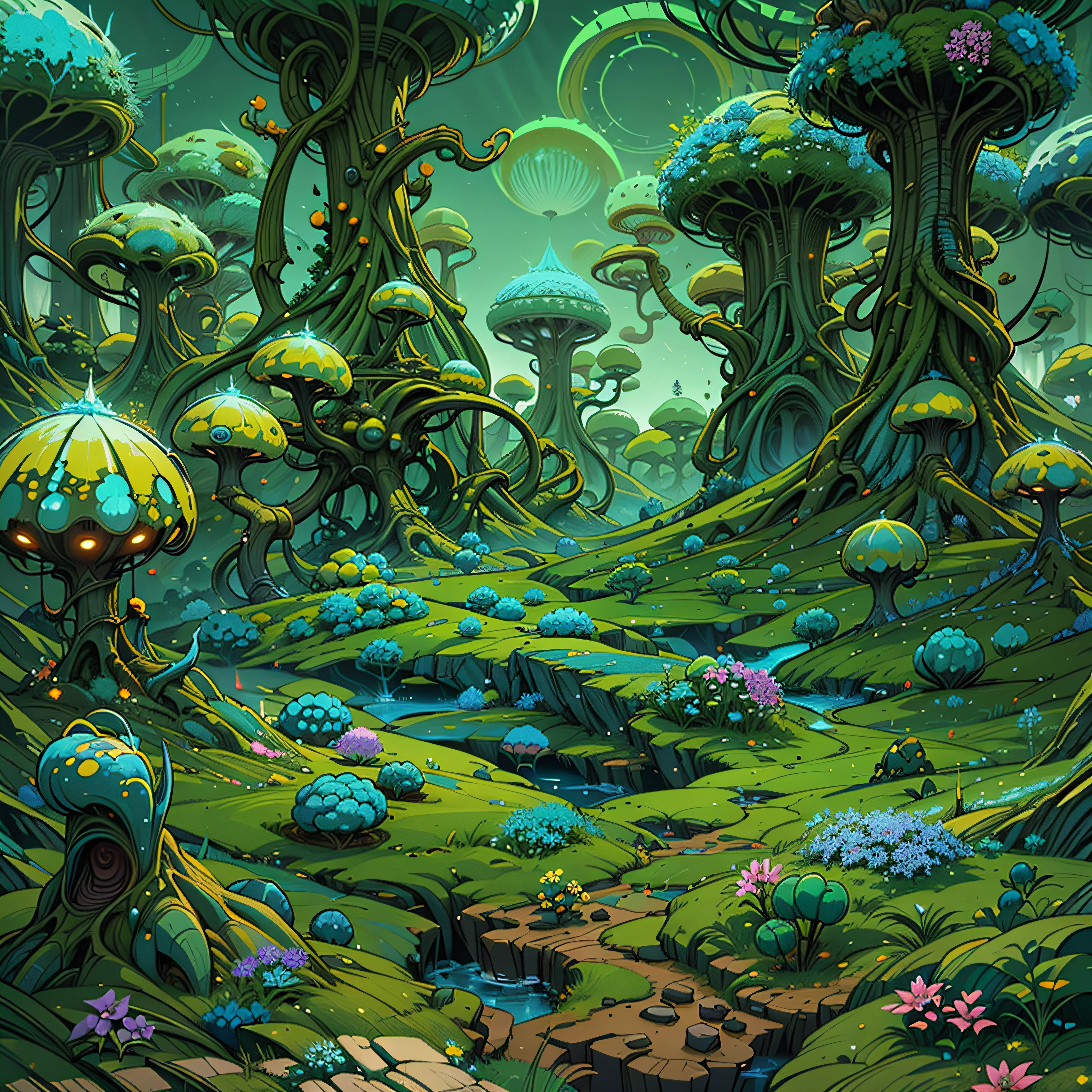 scene of a fantasy alien forest with a strange looking tree, surreal alien kingdom, alien landscape, background artwork, lush alien landscape, colorful alien flora, stylized game art, alien plants, alien environment, 3 d render stylized, an alien landscape, alien flora, stylized concept art, on a lush fertile alien planet, 3 d epic illustrations