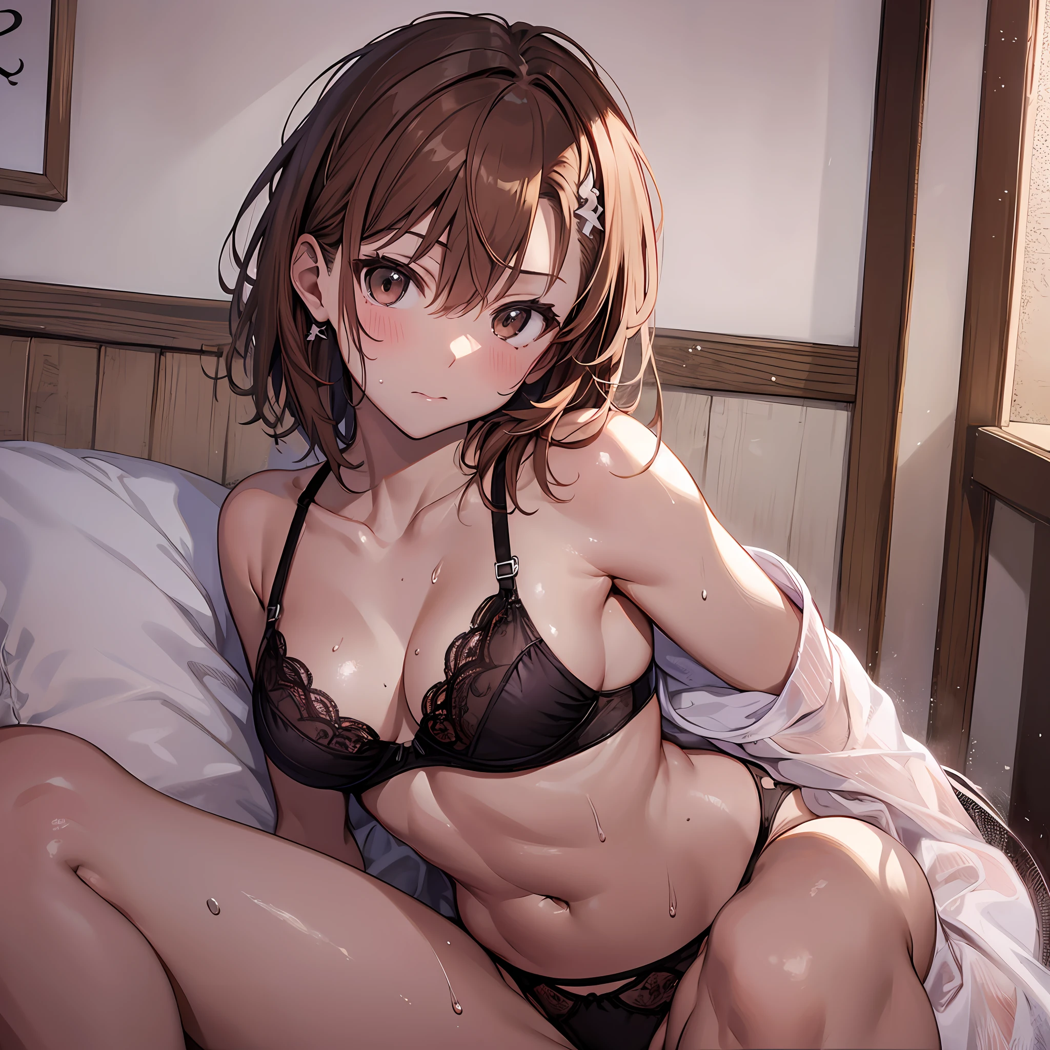4kqulity, top-quality, Misaka_mikoto, Brown-eyed, Short_hair, Small_,)on the beds Pink lingerie 16age sexypoBewitching Mass sweat soaked body Miwaki beauty legs Beautiful abs