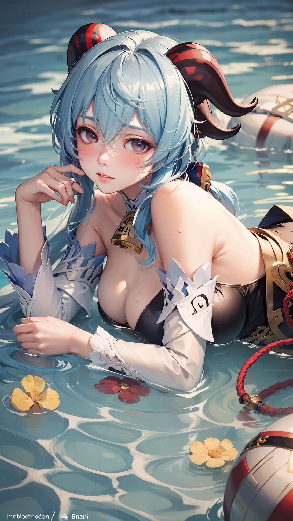 Ganyu, genshin impact, photorealistic:1.49, film grain:1.49, (masterpiece), (intricate details), 1girl, solo, mature female, large breasts, ganyu, ((light blue hair)), ((blush)), goat horns, white sleeves, ((white top)), half body portrait, half body, lying, lying on water, drawn, face at water, hair on water, messy hair, (best quality), looking at viewer, view from above, head on water, from side, lying from side, safe for work (sfw),