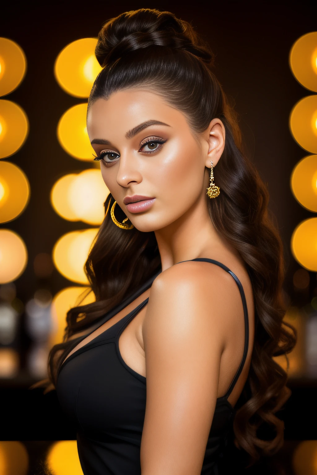 portrait photo of LanaRhoades beautiful woman hair updo upsweep nightclub sitting at bar (masterpiece) (best quality) (detailed) (8k) (HDR) (wallpaper) (cinematic lighting) (sharp focus) (intricate)