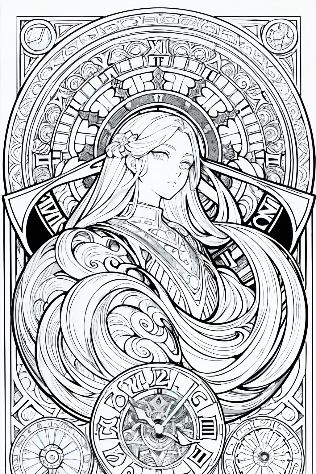 Painting of a woman with long hair and a clock, Beautiful line art, black and white line art, Beautiful line art, Very fine ink strokes, high detailed official artwork, Black Line Art on White, artwork,Does not drain black, Coloring Book, highly detailed exquisite fanart, Black ink strokes, Fantasy Fan Art, By Yoshihiko Wada, Art Nouveau Universe Show,Art by Alphonse Mucha ,draft,Only character lines and scenes remove color....., Not shadows.,(master-piece, beste-Qualit, highres:1.4), Detailed, intricate detailed, 10, color splashes, line art, Fibonacci,