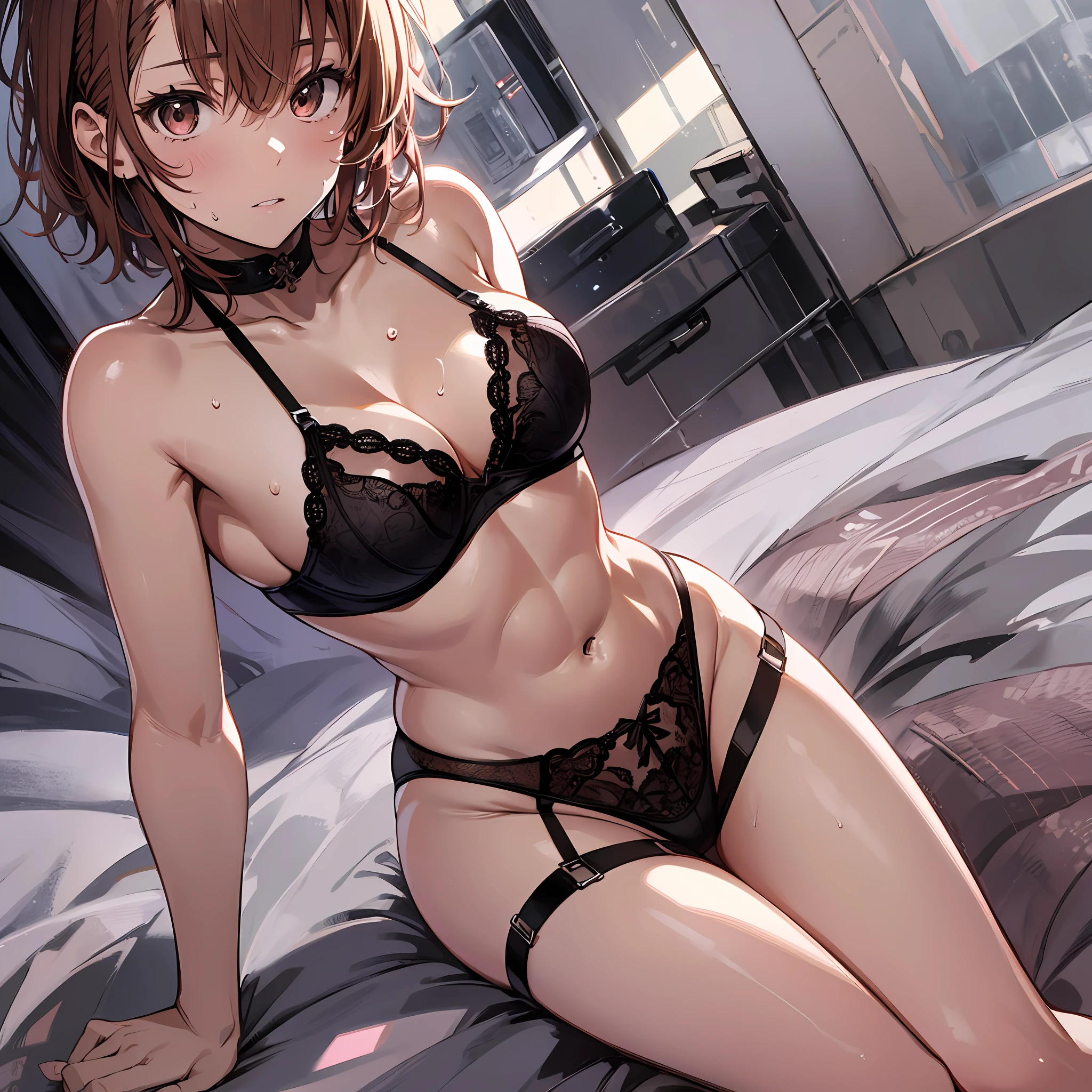 4kqulity, top-quality, Misaka_mikoto, Brown-eyed, Short_hair, Small_Breast,)on the beds Pink lingerie 16age sexypose Bewitching Mass sweat soaked body Miwaki beauty legs Beautiful abs