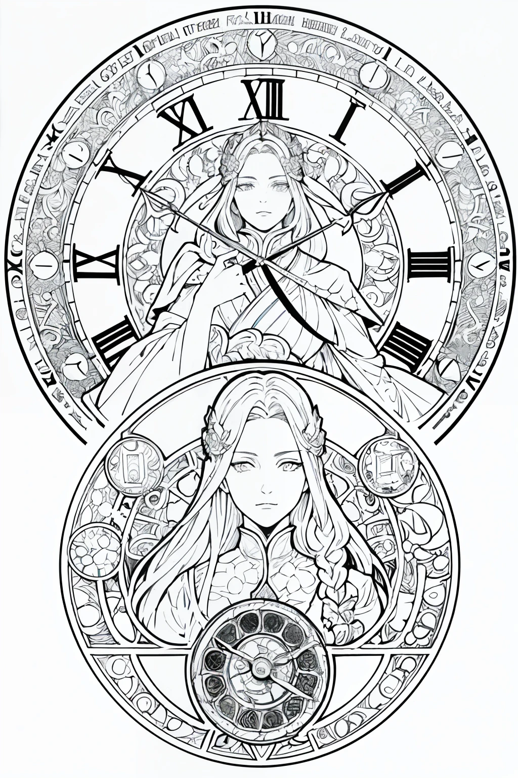 Painting of a woman with long hair and a clock, Beautiful line art, black and white line art, Beautiful line art, Very fine ink strokes, high detailed official artwork, Black Line Art on White, artwork,Does not drain black, Coloring Book, highly detailed exquisite fanart, Black ink strokes, Fantasy Fan Art, By Yoshihiko Wada, Art Nouveau Universe Show,Art by Alphonse Mucha ,draft,Only character lines and scenes remove color....., Not shadows.,(master-piece, beste-Qualit, highres:1.4), Detailed, intricate detailed, 10, color splashes, line art, Fibonacci,