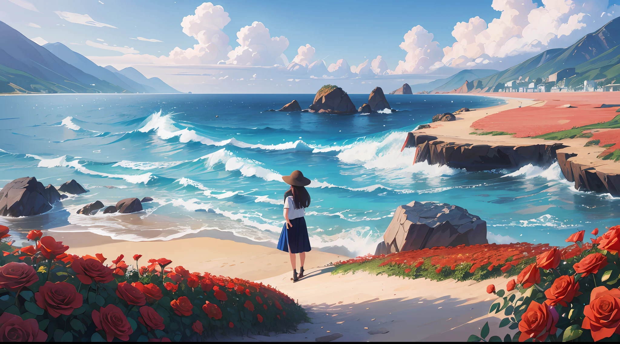 Many irregularly arranged roses grow on the beach by the water, flowers sea everywhere, flowers sea rainning everywhere, 8K resolution digital painting, 8 k resolution digital painting, red roses at the top, 8K)), Realistic art, realistic scene, breathtaking realistic, celestial red flowers vibe, beautiful digital painting, Really beautiful nature, 🌺 CGSesociety, 8K digital painting，Blue waves