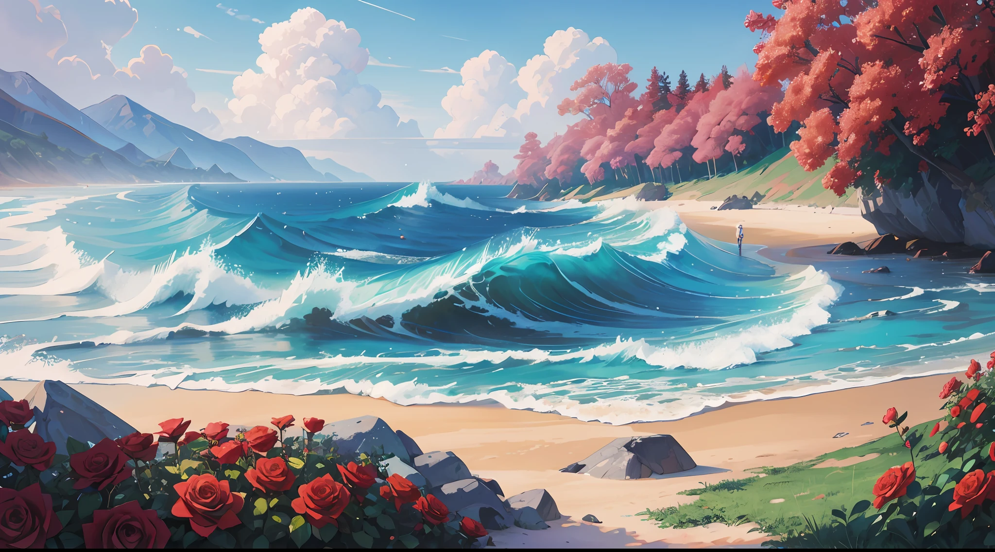 Many irregularly arranged roses grow on the beach by the water, flowers sea everywhere, flowers sea rainning everywhere, 8K resolution digital painting, 8 k resolution digital painting, red roses at the top, 8K)), Realistic art, realistic scene, breathtaking realistic, celestial red flowers vibe, beautiful digital painting, Really beautiful nature, 🌺 CGSesociety, 8K digital painting,Blue waves