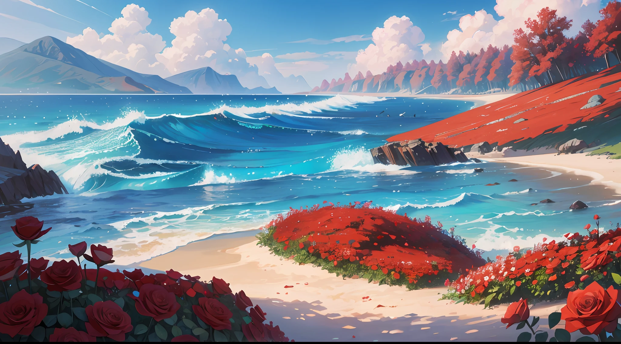 Many irregularly arranged roses grow on the beach by the water, flowers sea everywhere, flowers sea rainning everywhere, 8K resolution digital painting, 8 k resolution digital painting, red roses at the top, 8K)), Realistic art, realistic scene, breathtaking realistic, celestial red flowers vibe, beautiful digital painting, Really beautiful nature, 🌺 CGSesociety, 8K digital painting，Blue waves
