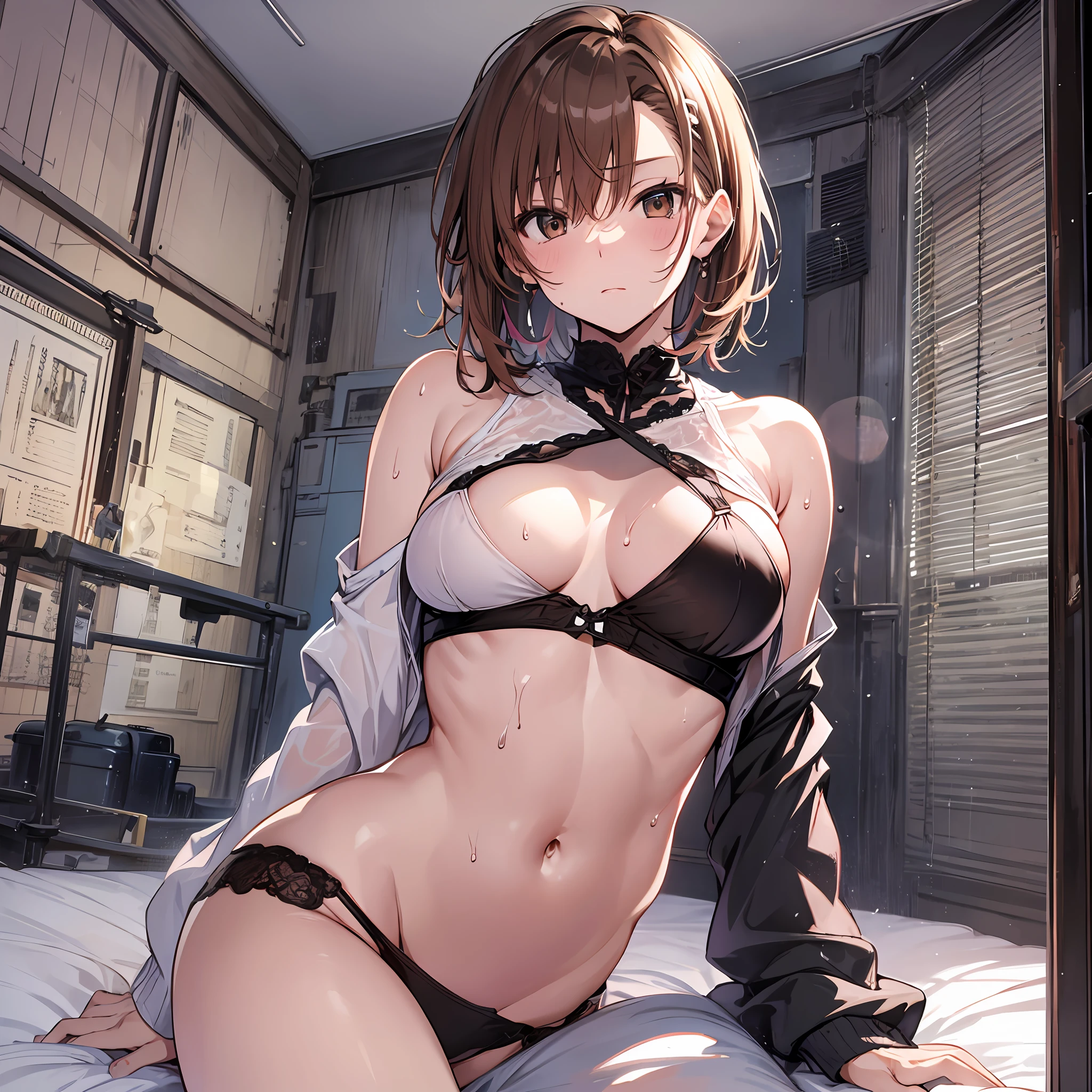 4kqulity, top-quality, Misaka_mikoto, Brown-eyed, Short_hair, Small_Breast,)on the beds Pink lingerie 16age sexypose Bewitching Mass sweat soaked body Miwaki beauty legs Beautiful abs