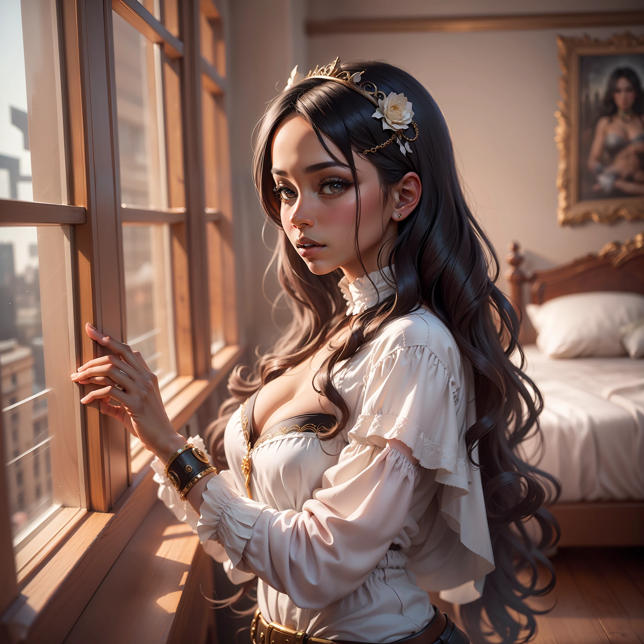 Mongolian Elements Gallery Muitos detalhes Steam age, Hora, space, Magic, fantasia, Beleza do Traje, Mulher bonita com figura perfeita, double eyelids, metal (obra-prima:1.3), (melhor qualidade:1.2), (detalhe intrincado:1.2), (hiper-realista:1.2), (fotografia profissional:1.1), altamente detalhado, 插圖, ress absurdo, perspectiva, fundo detalhado, desfoque de fundo, foco, milf, Mature ebony woman, An ebony woman standing in a tantalizing pose near the window of a royal room with a night view, um hotel com vista noturna, The Royal Palace, 1girl,  cabelos longos, (middlebreasts:1.2), perfect hands, dedos detalhados, belos olhos detalhados, olhos perfeitos, olhos sedutores, olhos castanhos, pose sexy, tentadora, (casual:1.2), cinematic lighthing, olhando para o espectador, foto de retrato, [(GothGal|Garterbelt)::0.5],
